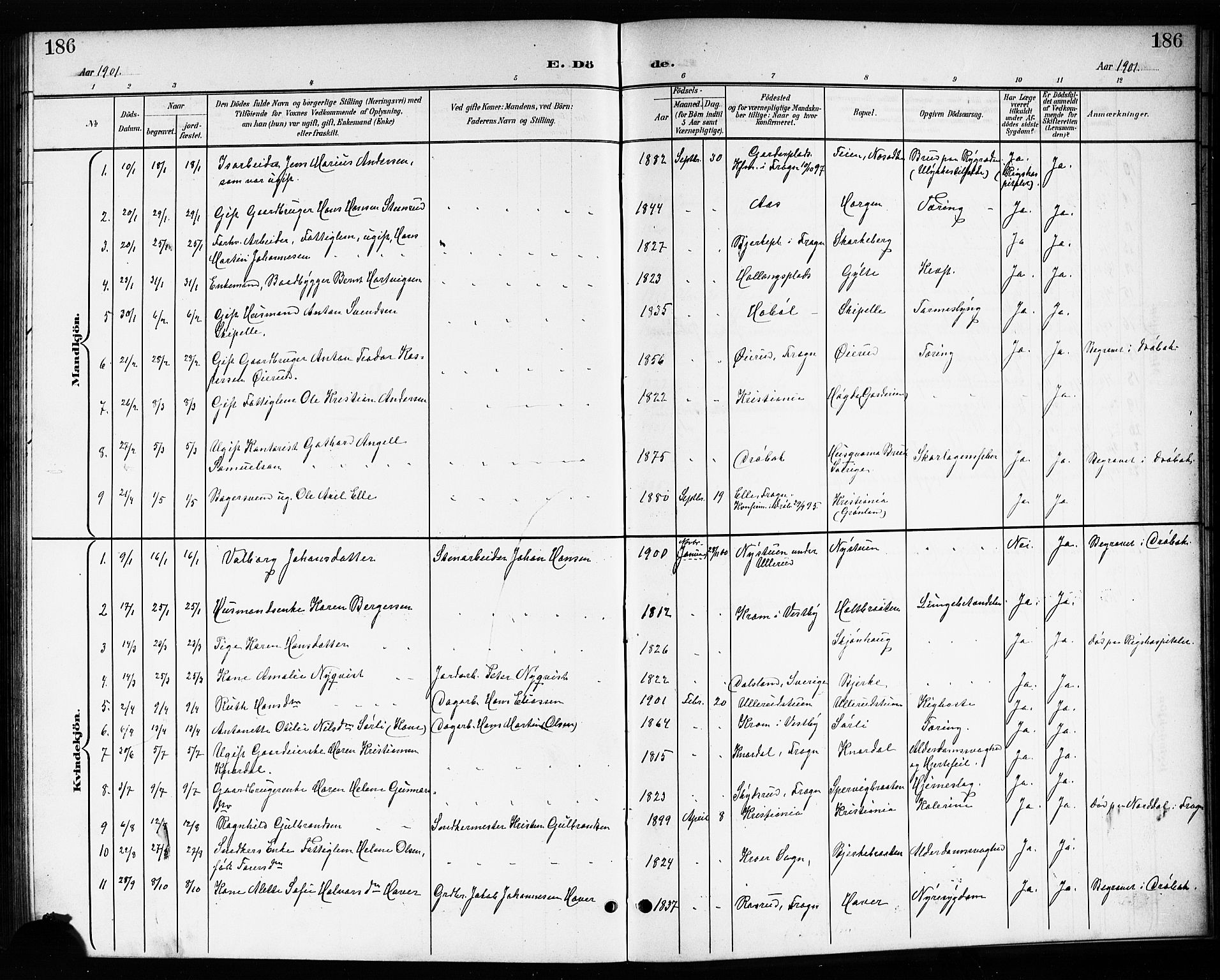 Drøbak prestekontor Kirkebøker, SAO/A-10142a/G/Gb/L0001: Parish register (copy) no. II 1, 1901-1919, p. 186