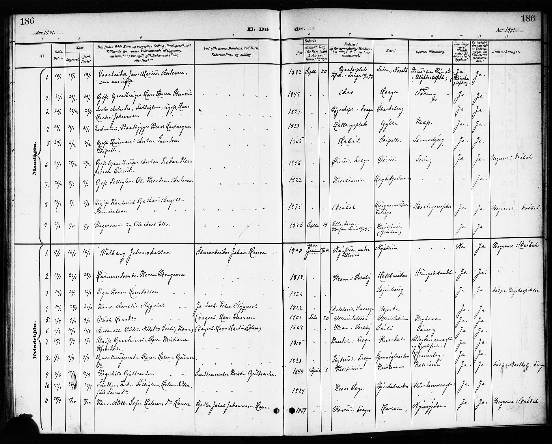 Drøbak prestekontor Kirkebøker, AV/SAO-A-10142a/G/Gb/L0001: Parish register (copy) no. II 1, 1901-1919, p. 186