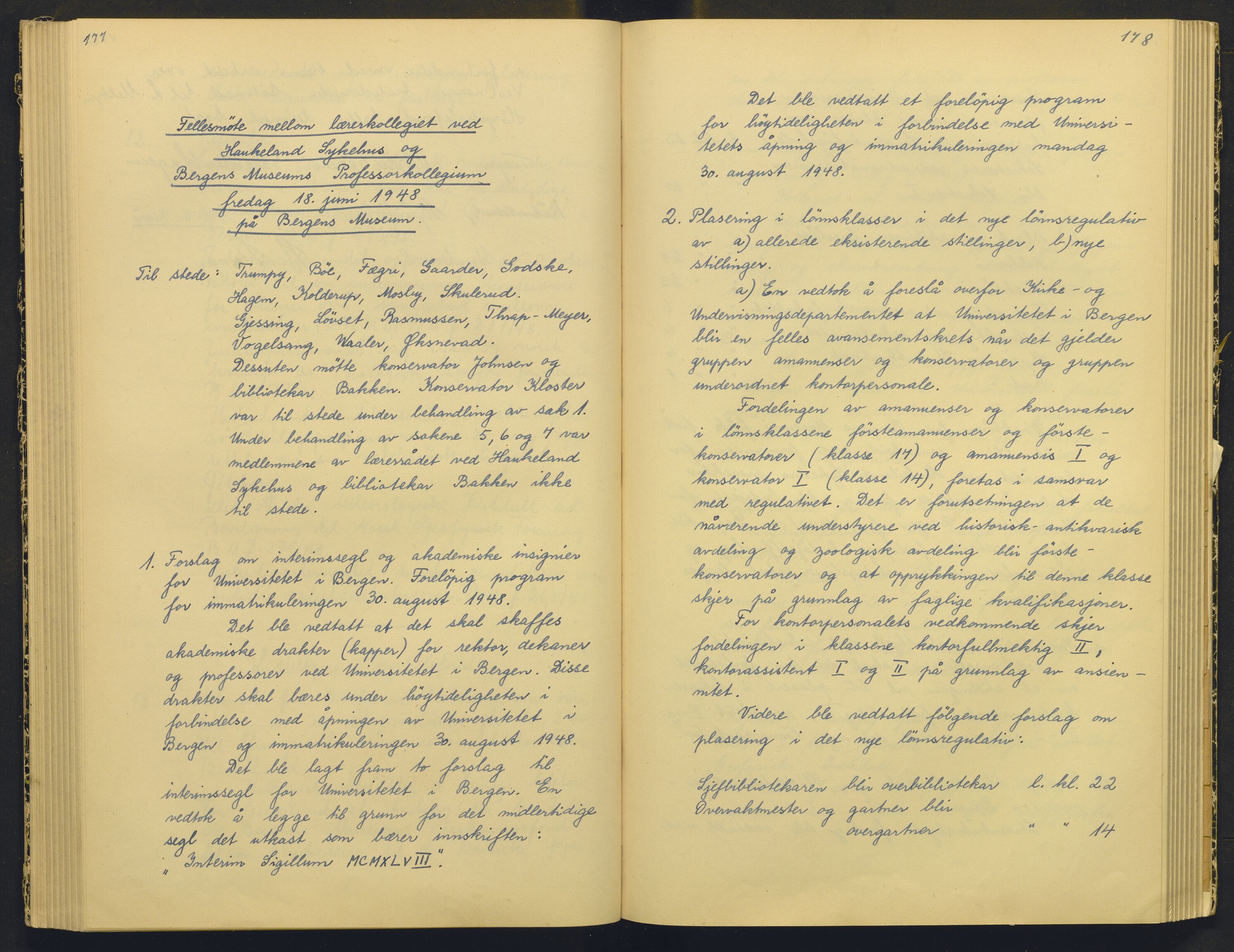 Bergens Museum, AV/SAB-A-17301/18/A/L0004: Professorkollegiets møtebok med register , 1945-1949, p. 177-178