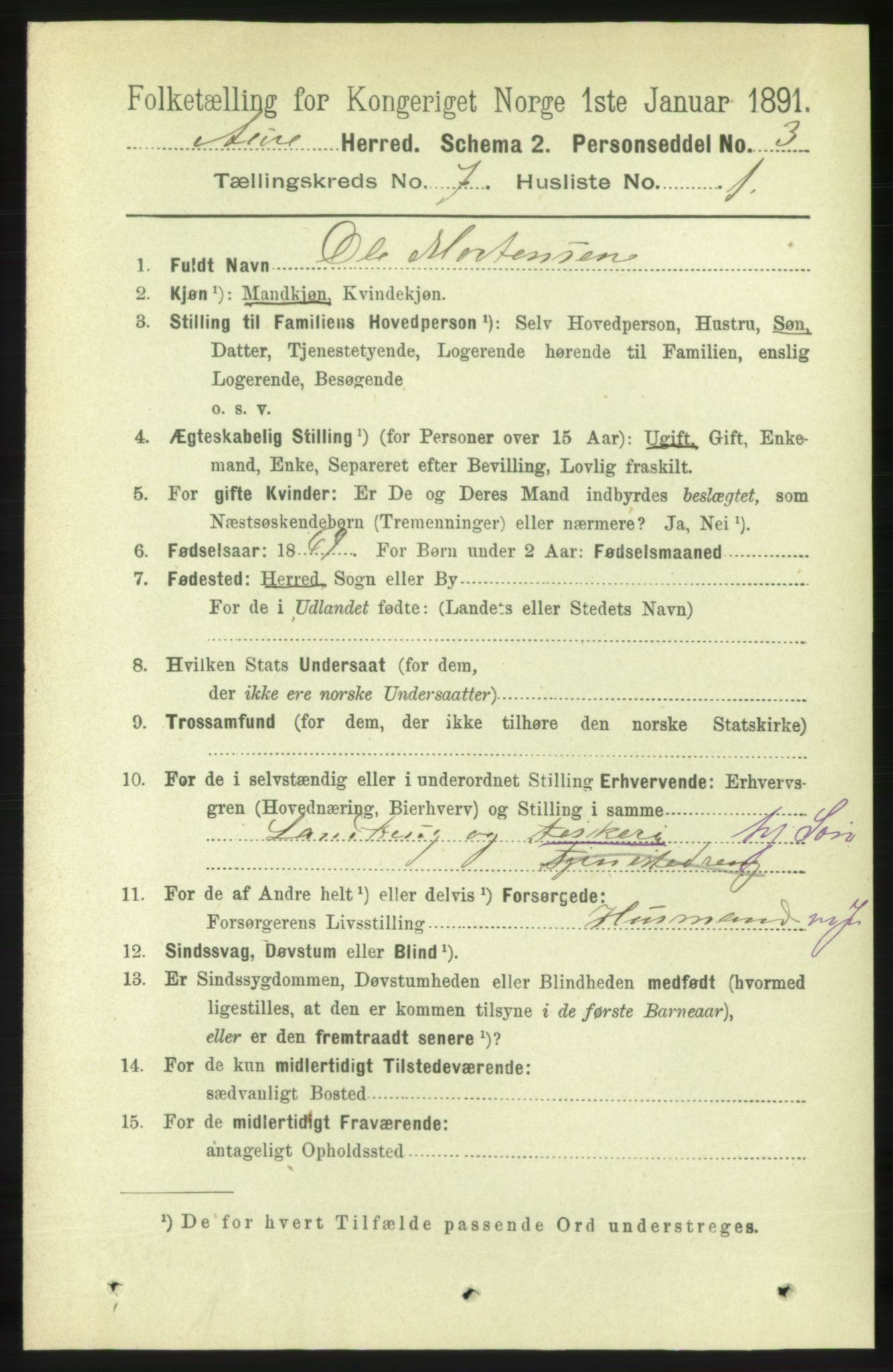 RA, 1891 census for 1569 Aure, 1891, p. 3839