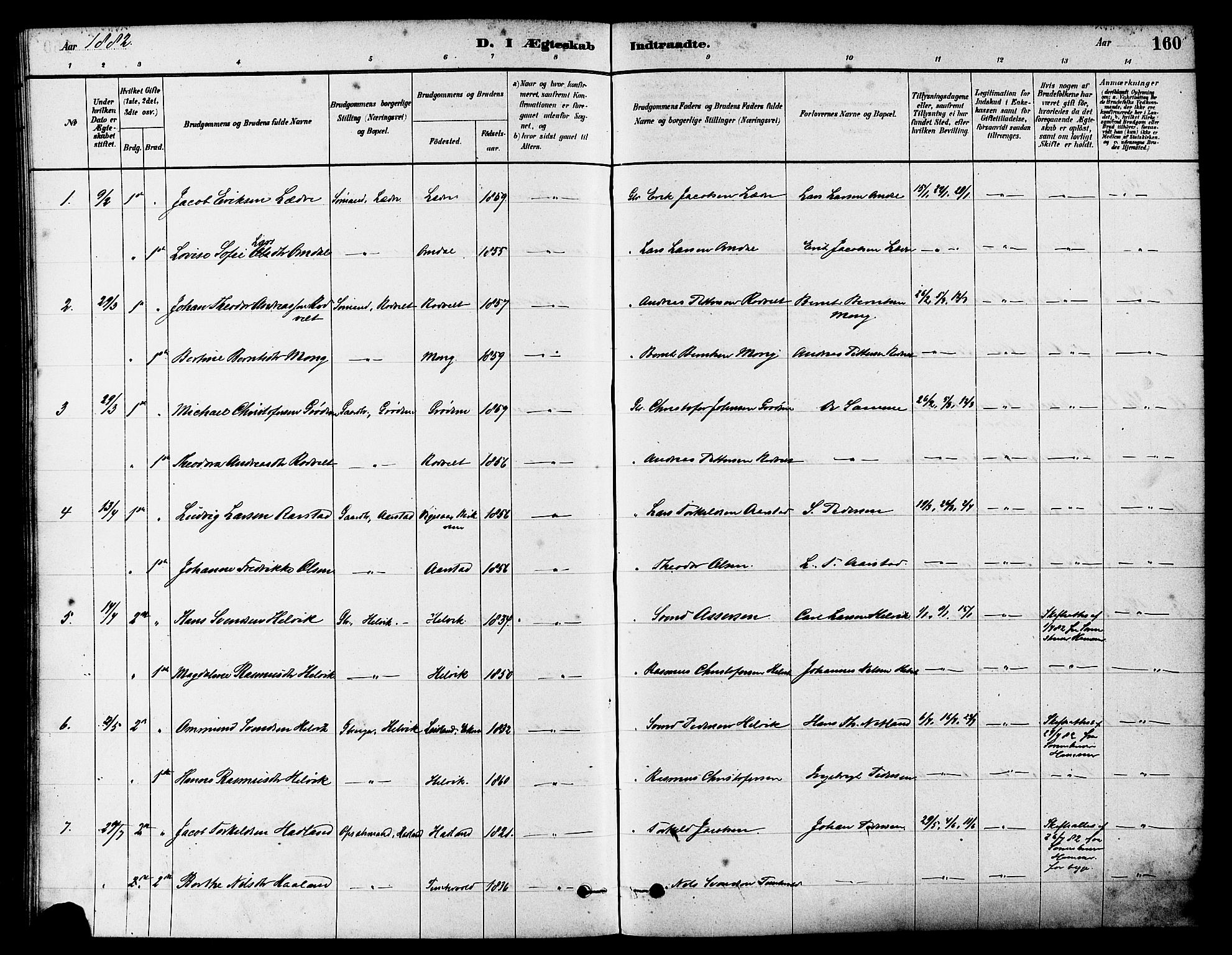 Eigersund sokneprestkontor, SAST/A-101807/S08/L0017: Parish register (official) no. A 14, 1879-1892, p. 160