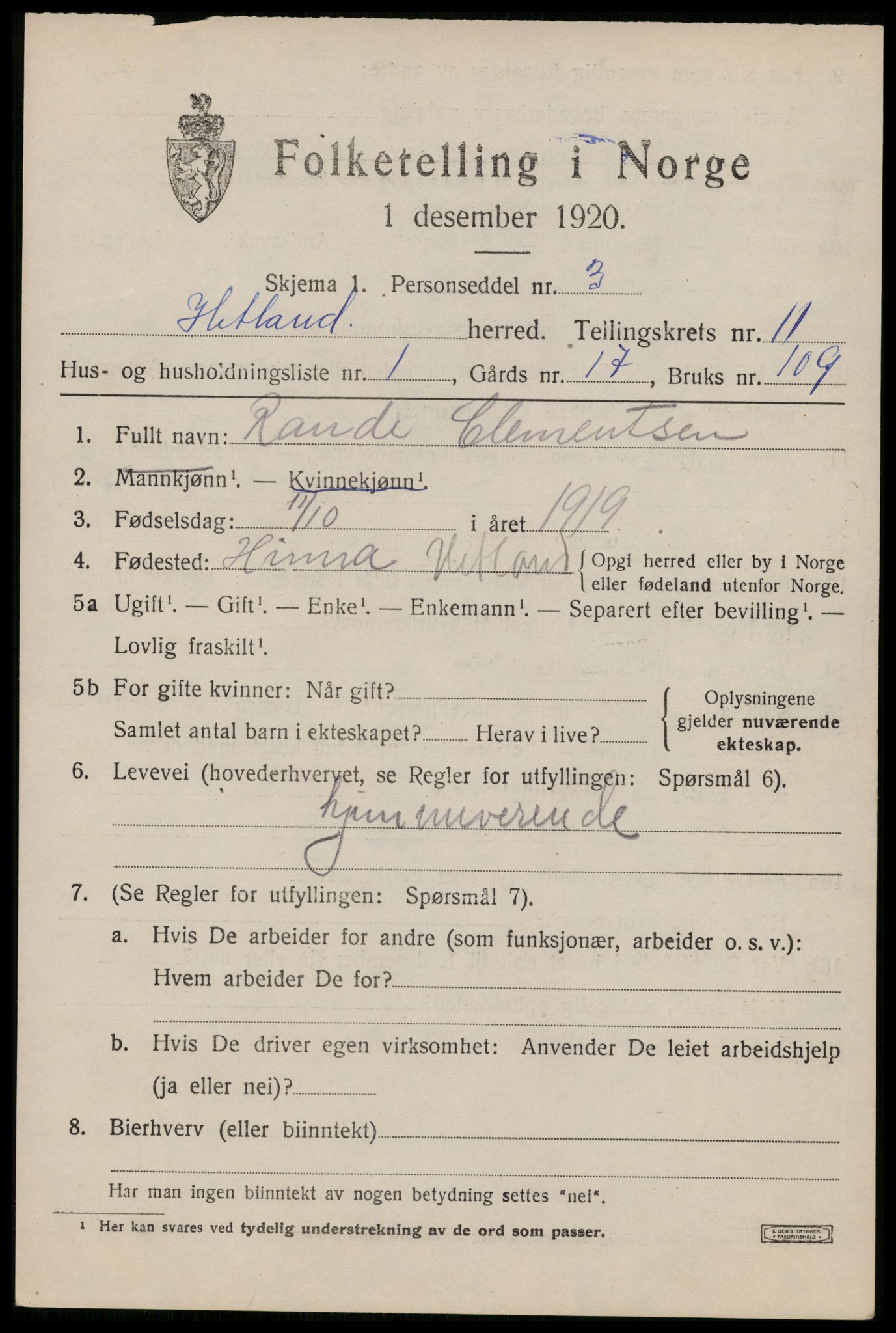 SAST, 1920 census for Hetland, 1920, p. 19943