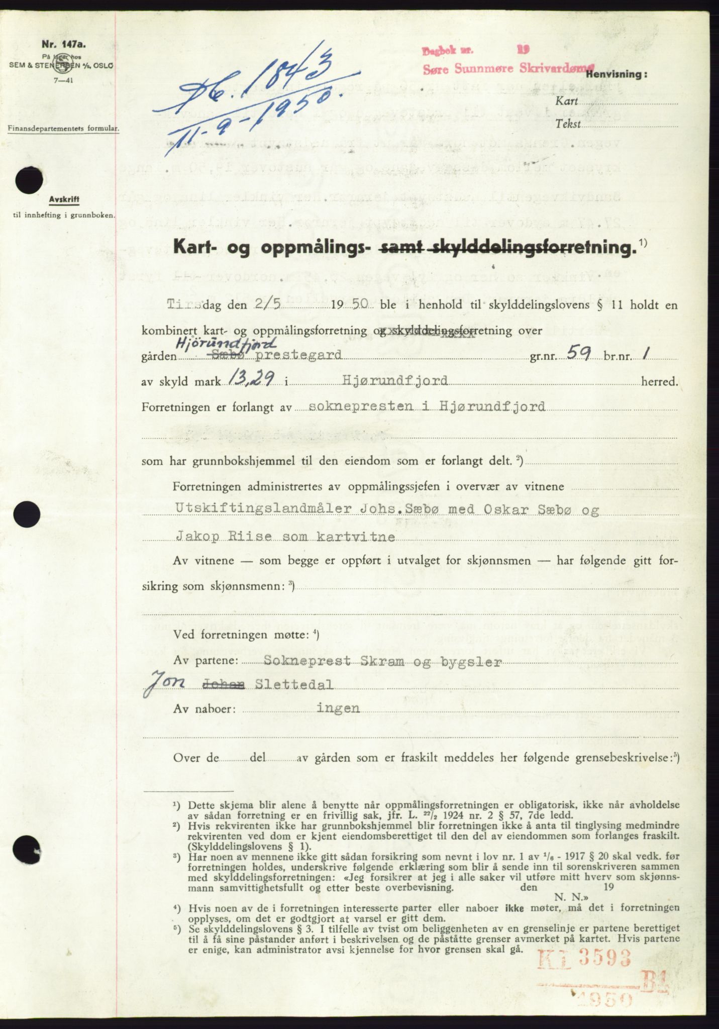 Søre Sunnmøre sorenskriveri, AV/SAT-A-4122/1/2/2C/L0087: Mortgage book no. 13A, 1950-1950, Diary no: : 1843/1950