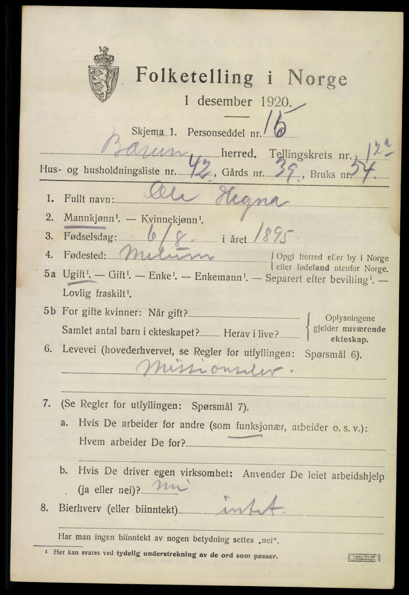 SAO, 1920 census for Bærum, 1920, p. 26470