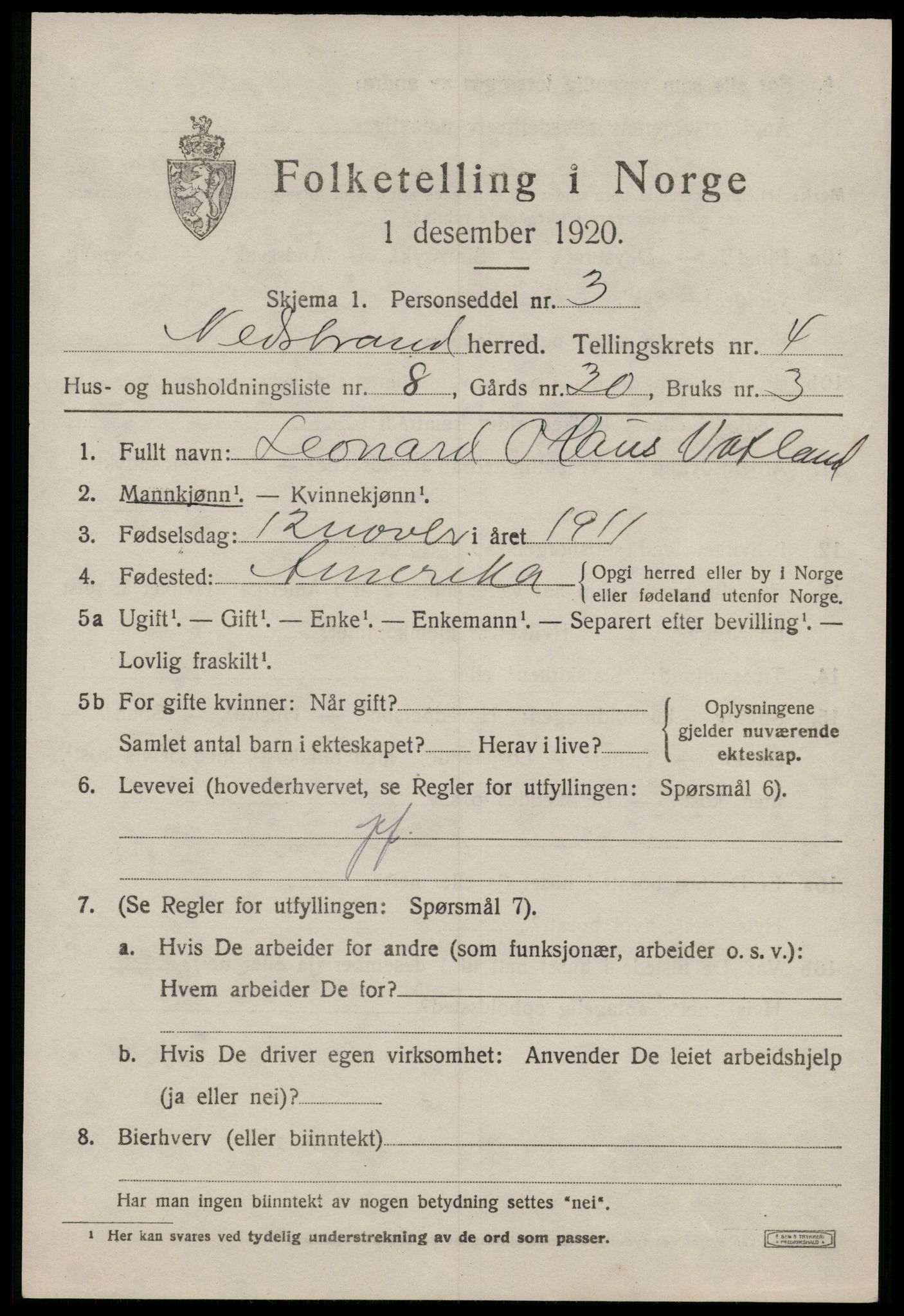 SAST, 1920 census for Nedstrand, 1920, p. 2015