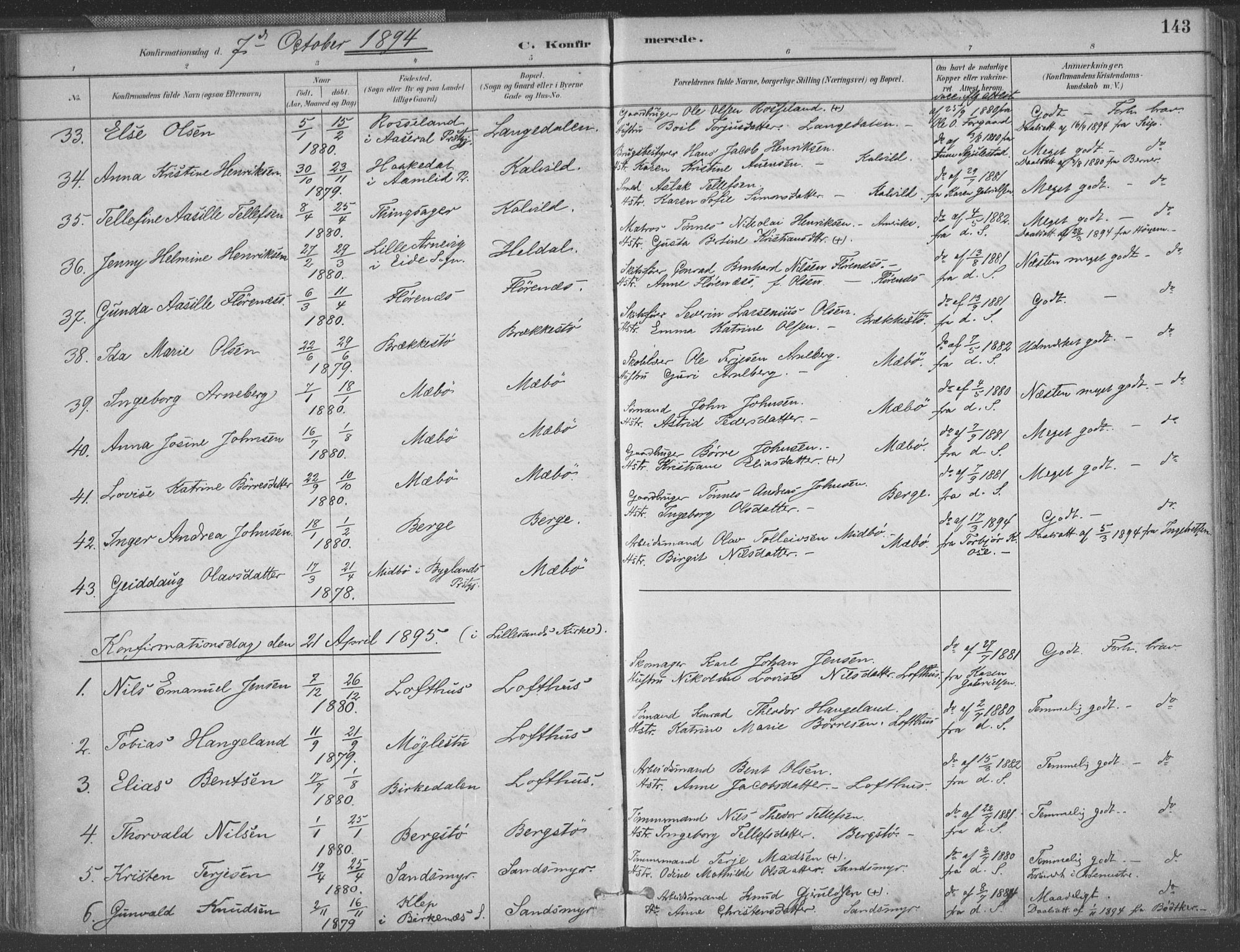 Vestre Moland sokneprestkontor, SAK/1111-0046/F/Fa/Fab/L0009: Parish register (official) no. A 9, 1884-1899, p. 143