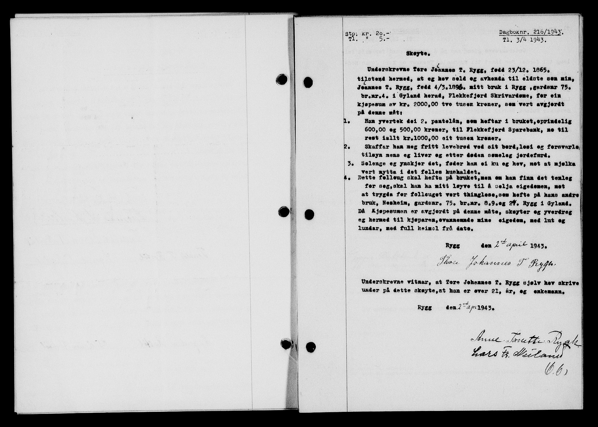 Flekkefjord sorenskriveri, SAK/1221-0001/G/Gb/Gba/L0058: Mortgage book no. A-6, 1942-1944, Diary no: : 216/1943