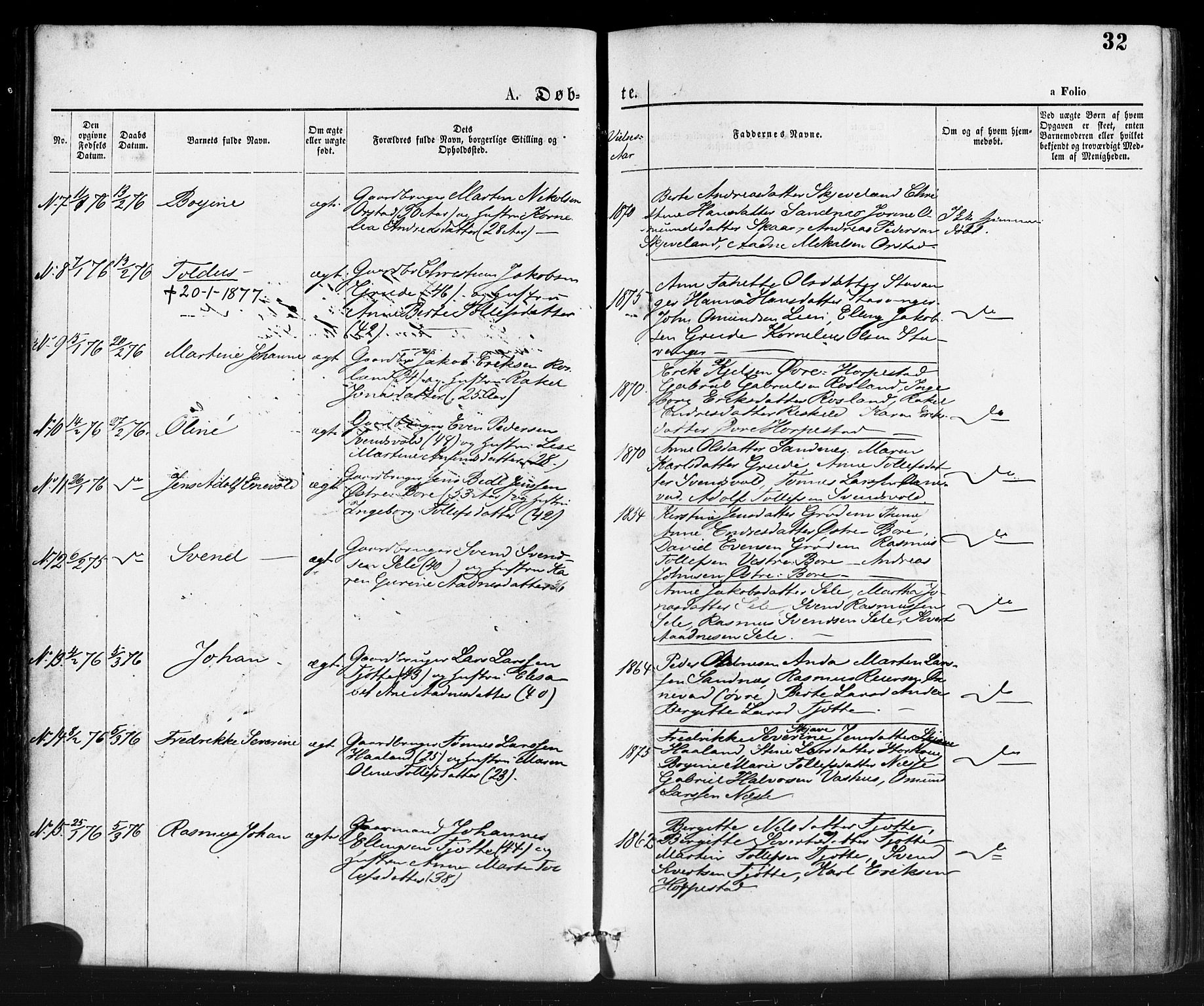 Klepp sokneprestkontor, AV/SAST-A-101803/001/3/30BA/L0006: Parish register (official) no. A 6, 1871-1885, p. 32