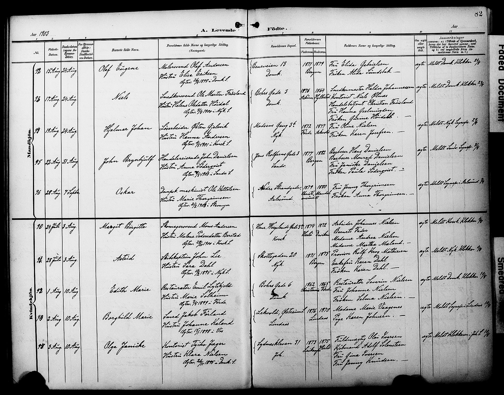 Fødselsstiftelsens sokneprestembete*, SAB/-: Parish register (official) no. A 3, 1901-1910, p. 82