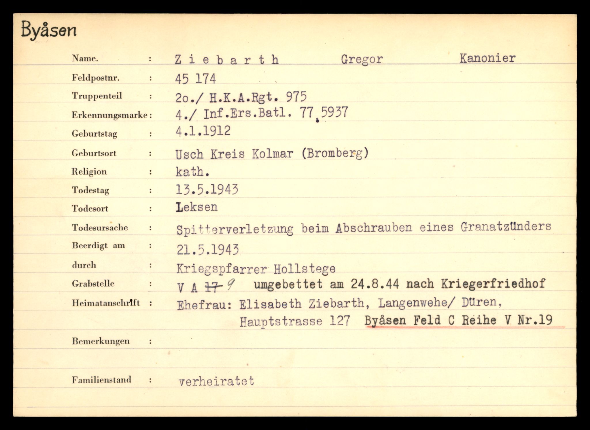 Distriktskontoret for krigsgraver, SAT/A-5030/E/L0004: Kasett/kartotek over tysk Krigskirkegård på Byåsen, 1945, p. 2033
