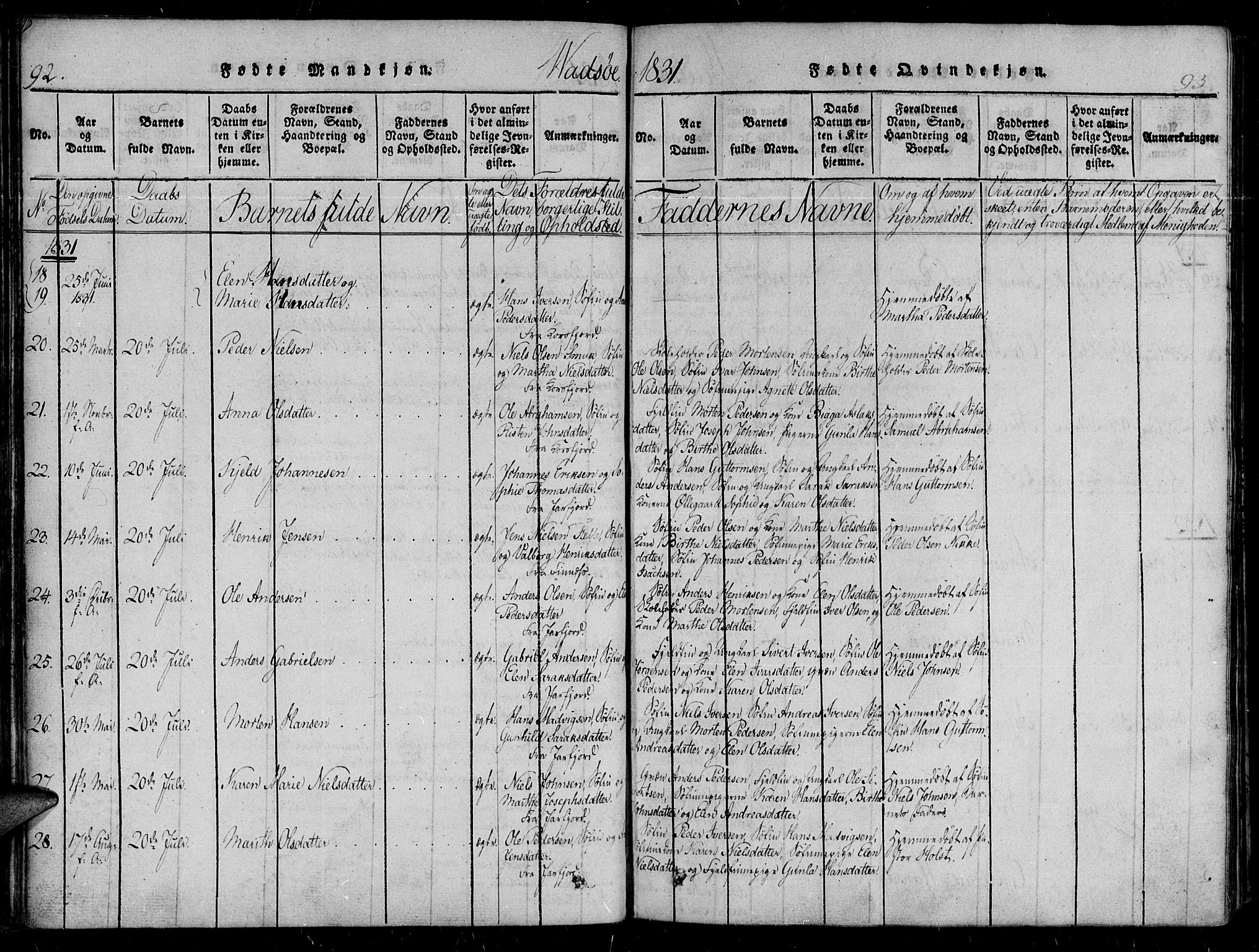 Vadsø sokneprestkontor, SATØ/S-1325/H/Ha/L0003kirke: Parish register (official) no. 3 /1, 1821-1839, p. 92-93