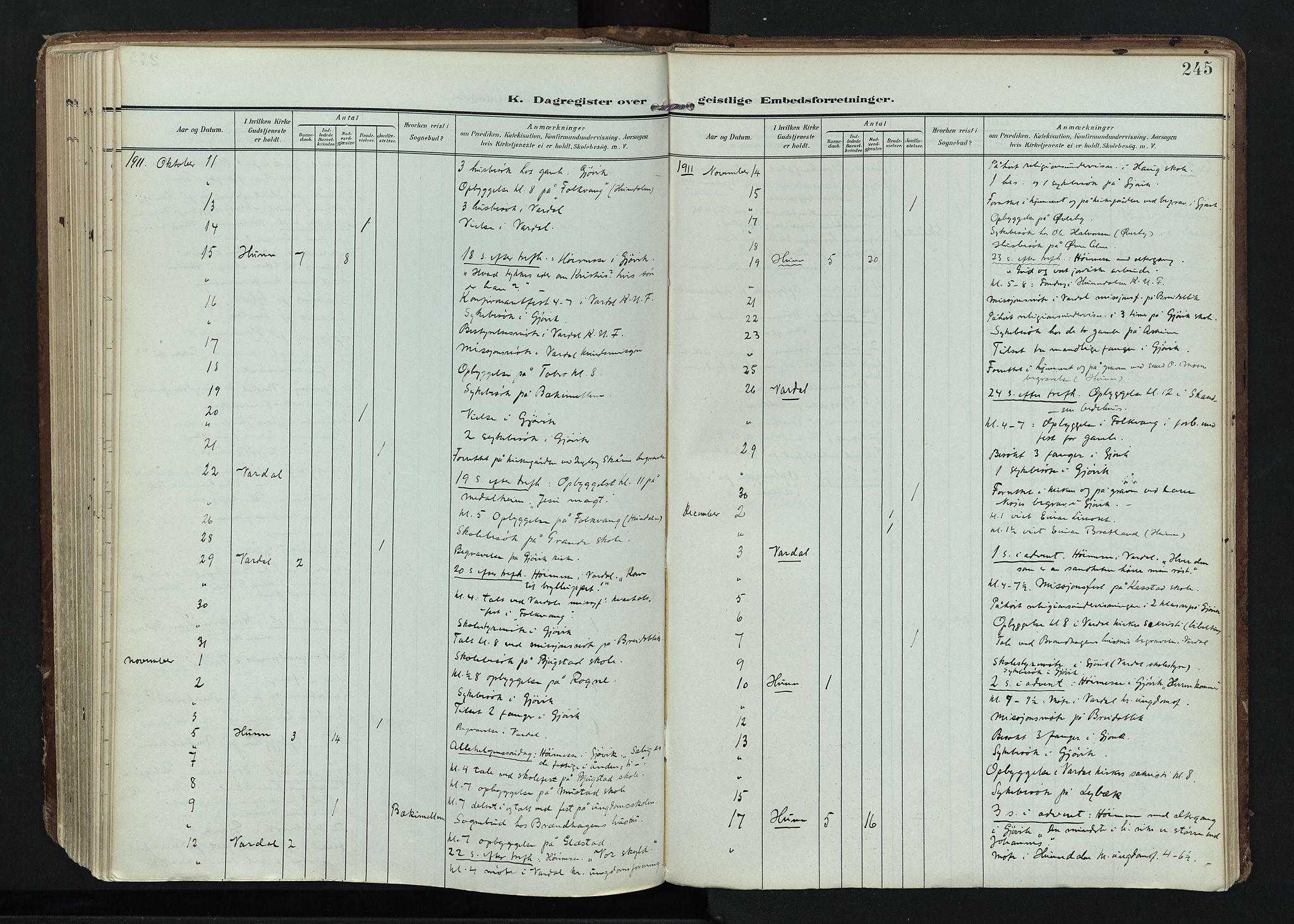 Vardal prestekontor, SAH/PREST-100/H/Ha/Haa/L0020: Parish register (official) no. 20, 1907-1921, p. 245