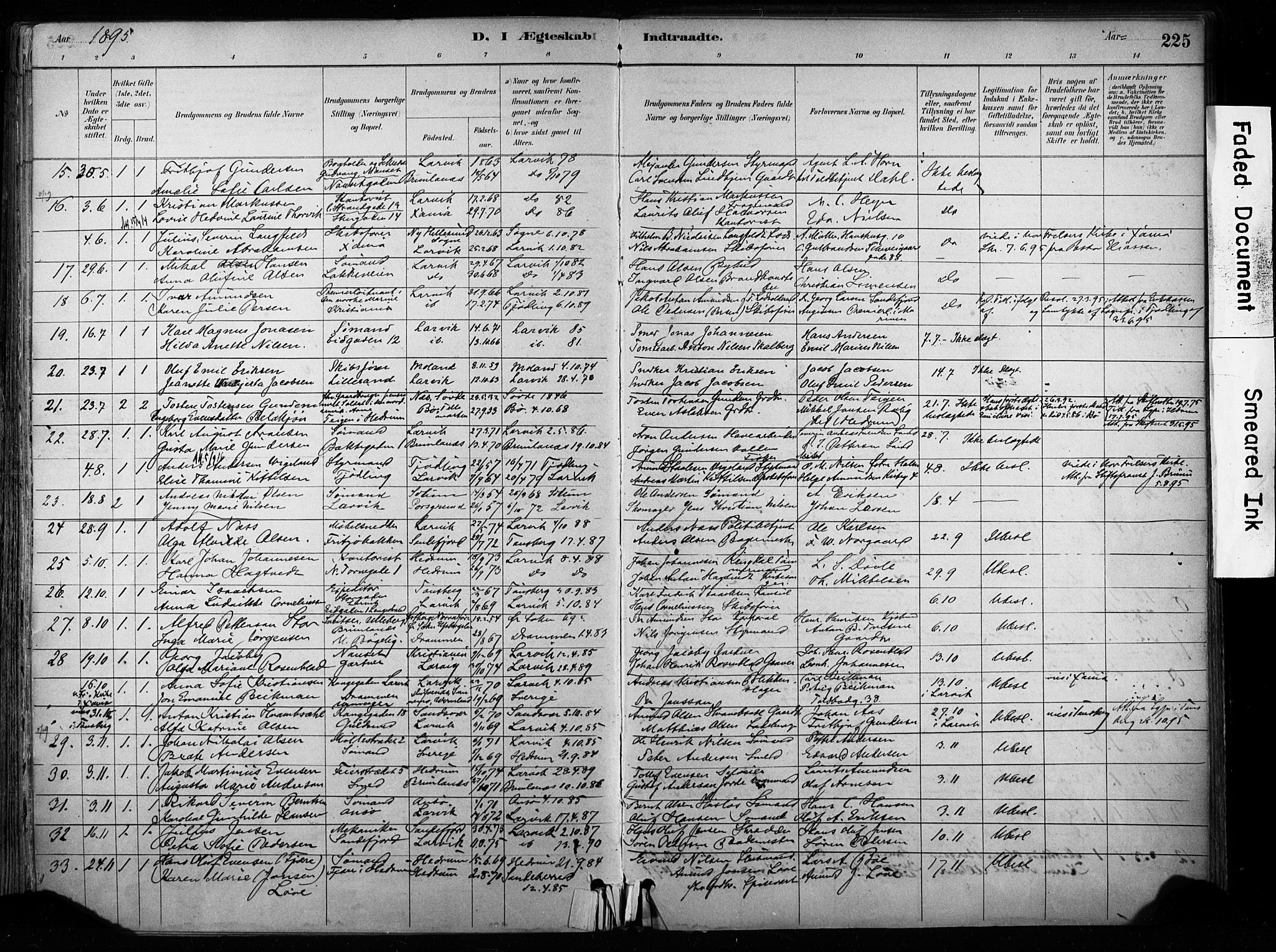 Larvik kirkebøker, AV/SAKO-A-352/F/Fa/L0008: Parish register (official) no. I 8, 1884-1902, p. 225