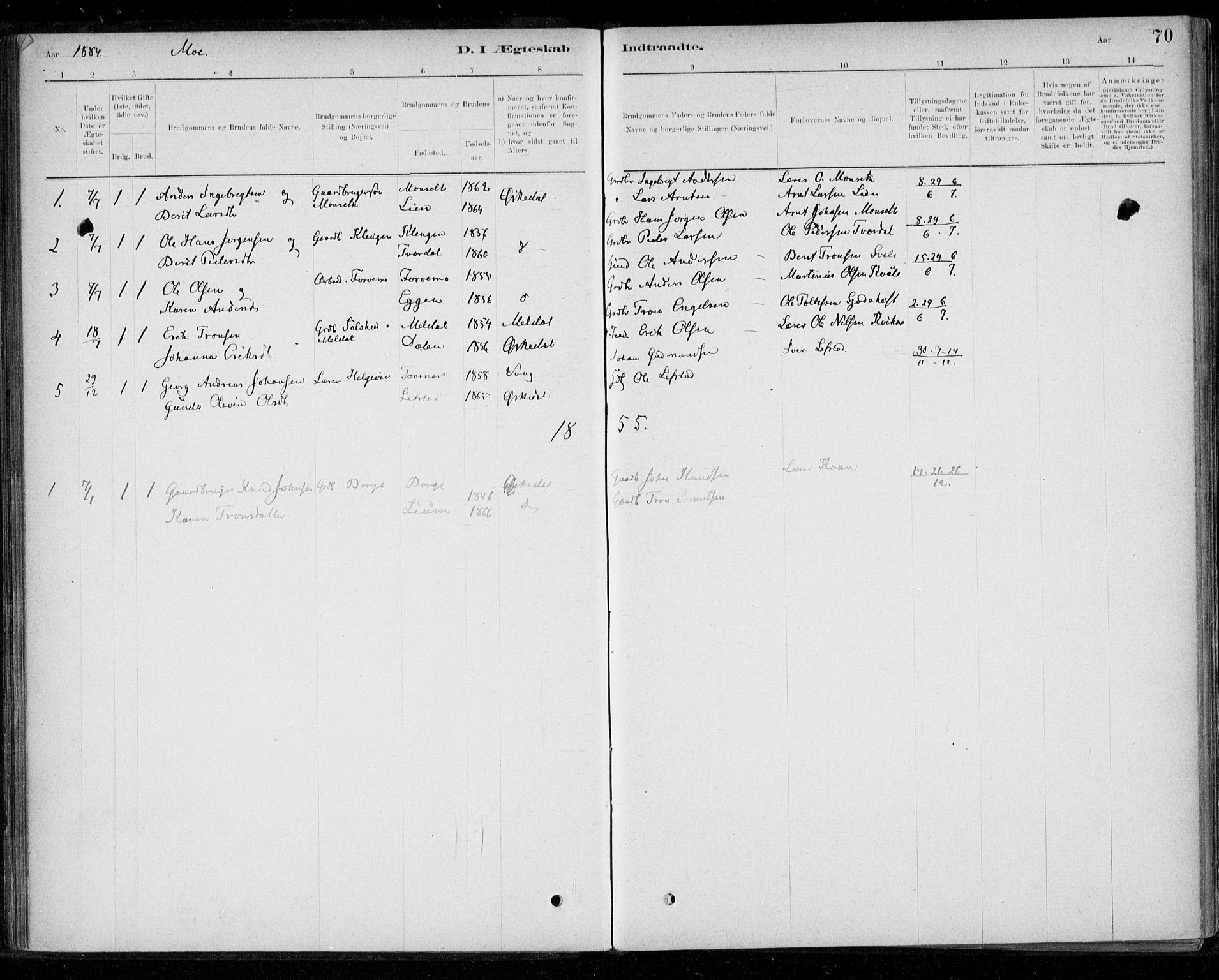 Ministerialprotokoller, klokkerbøker og fødselsregistre - Sør-Trøndelag, AV/SAT-A-1456/668/L0810: Parish register (official) no. 668A10, 1881-1894, p. 70