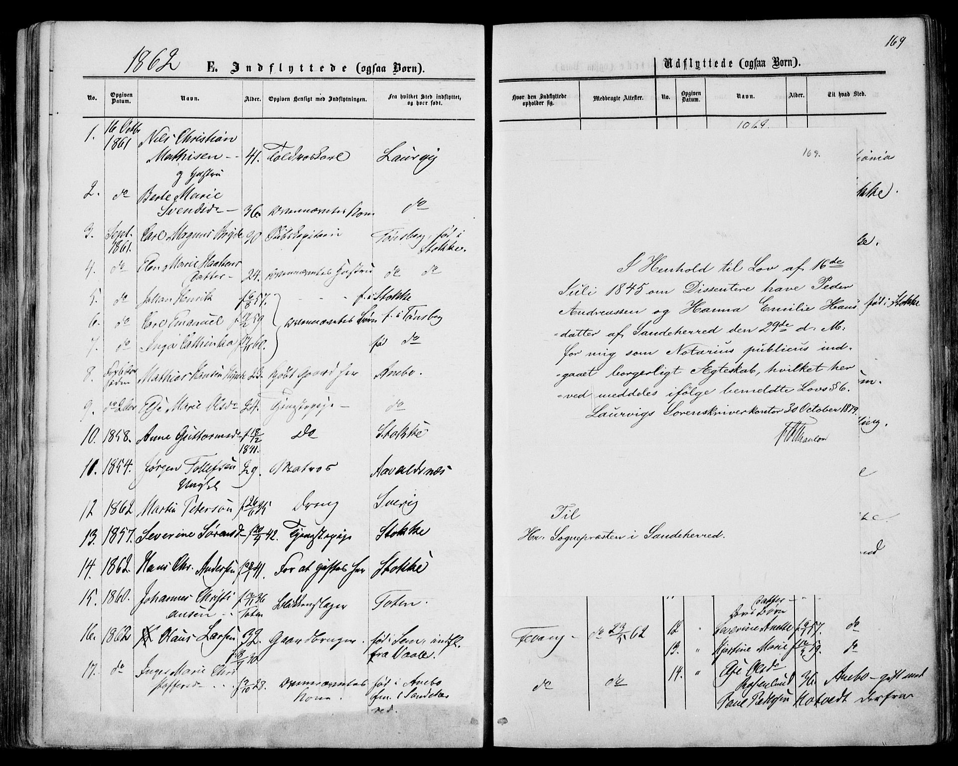 Sandar kirkebøker, SAKO/A-243/F/Fa/L0009: Parish register (official) no. 9, 1862-1871, p. 169