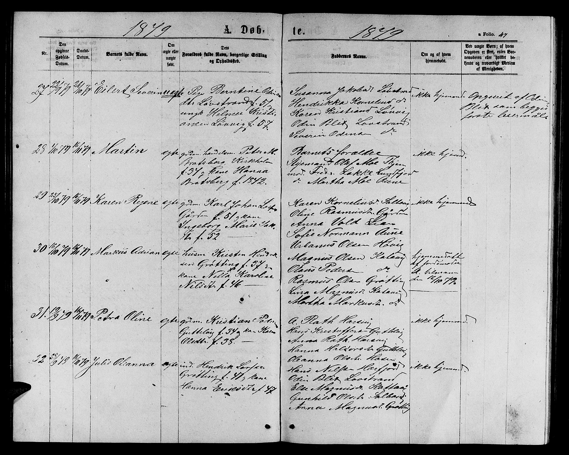 Ministerialprotokoller, klokkerbøker og fødselsregistre - Sør-Trøndelag, SAT/A-1456/656/L0695: Parish register (copy) no. 656C01, 1867-1889, p. 47