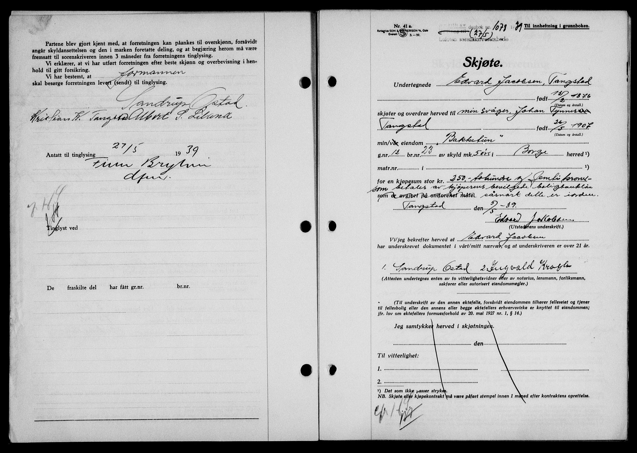 Lofoten sorenskriveri, SAT/A-0017/1/2/2C/L0005a: Mortgage book no. 5a, 1939-1939, Diary no: : 1078/1939