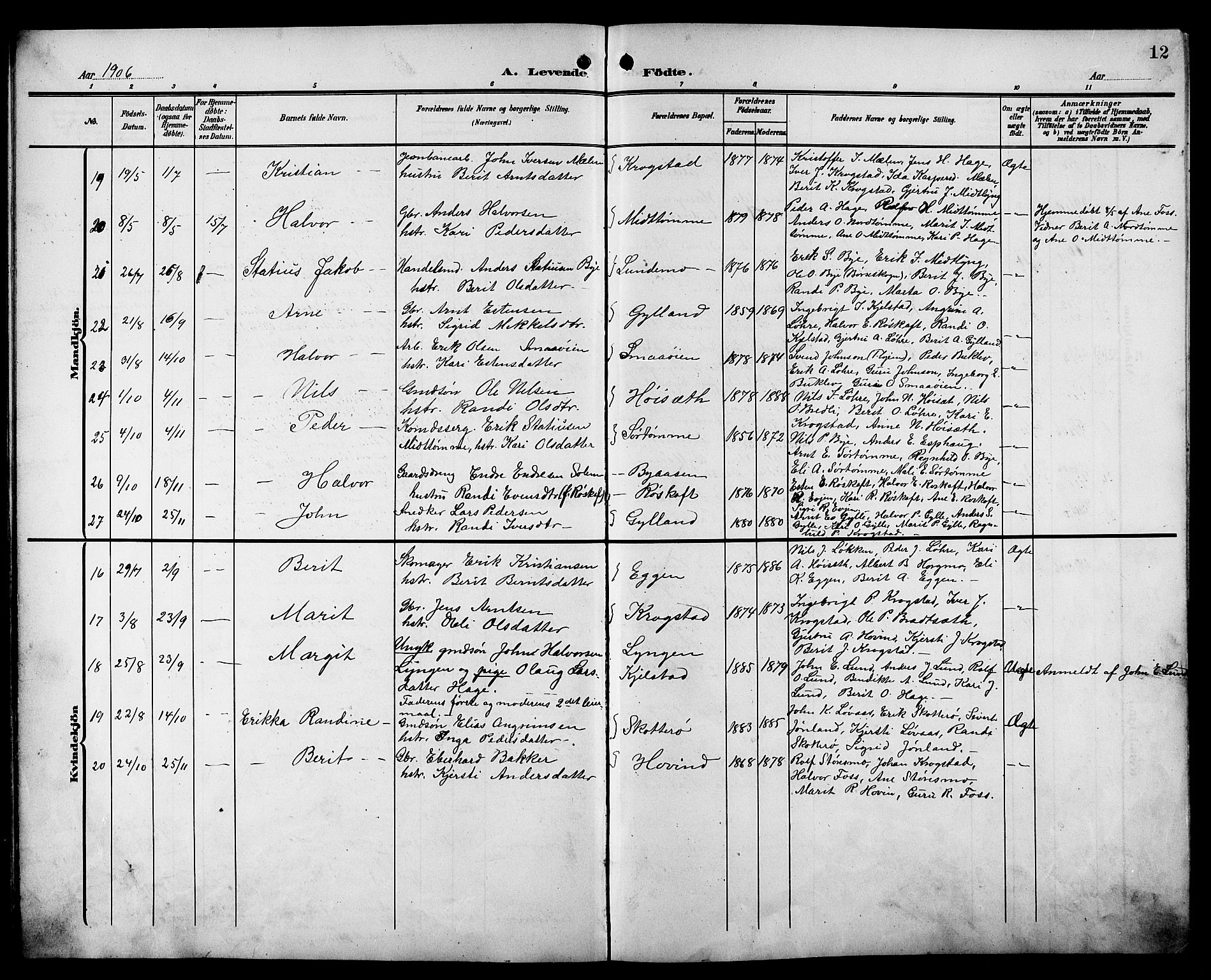 Ministerialprotokoller, klokkerbøker og fødselsregistre - Sør-Trøndelag, SAT/A-1456/692/L1112: Parish register (copy) no. 692C07, 1904-1918, p. 12