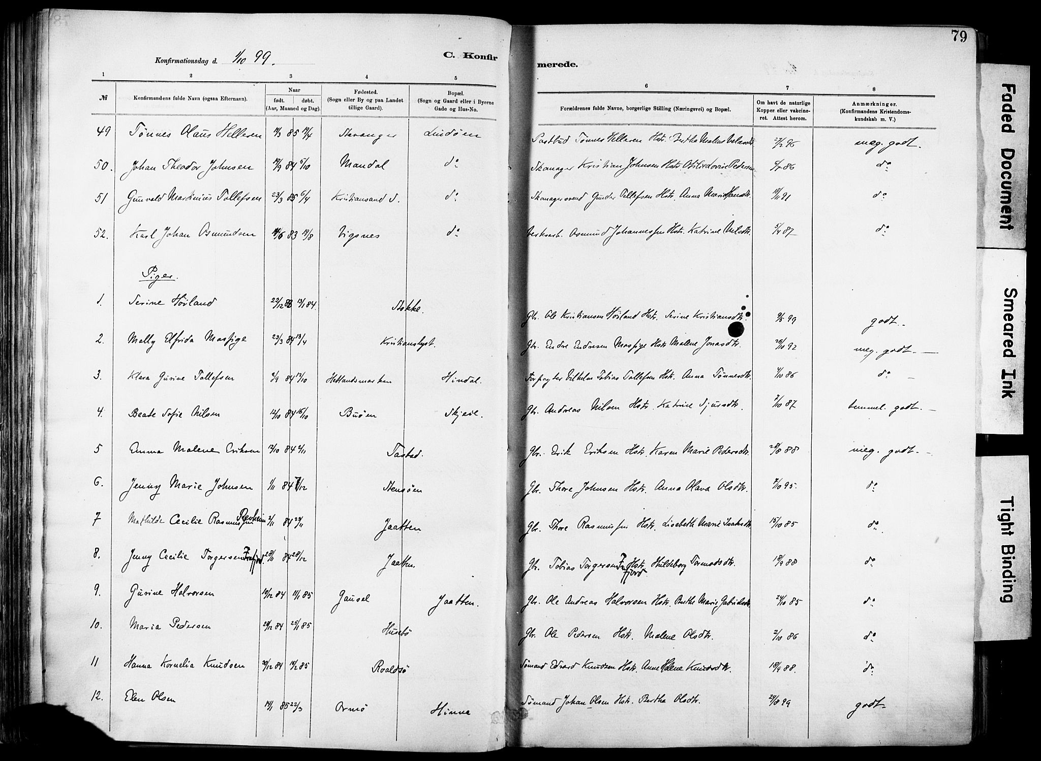 Hetland sokneprestkontor, SAST/A-101826/30/30BA/L0012: Parish register (official) no. A 12, 1882-1912, p. 79