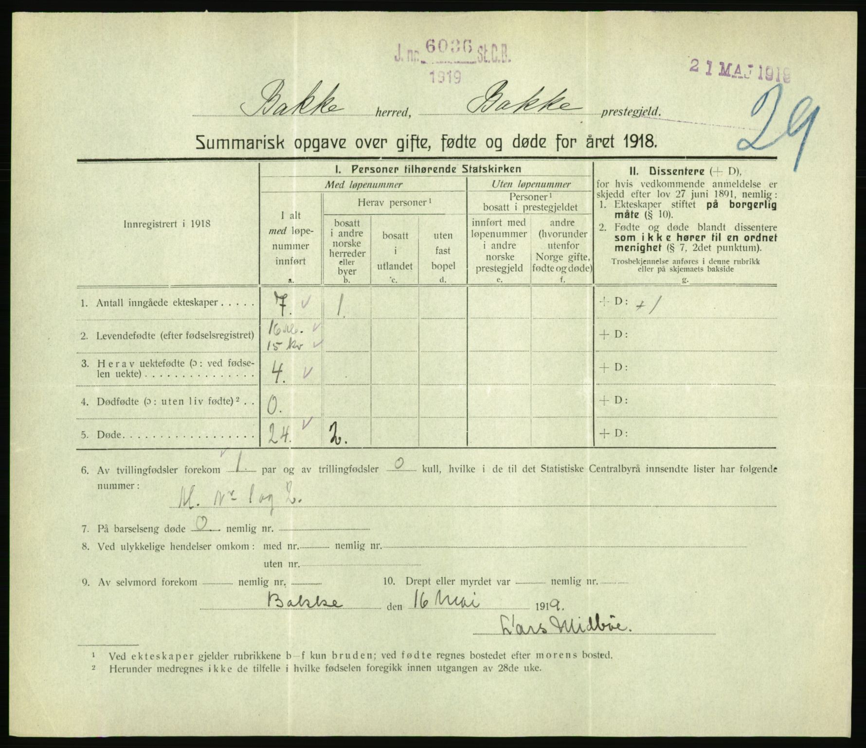 Statistisk sentralbyrå, Sosiodemografiske emner, Befolkning, RA/S-2228/D/Df/Dfb/Dfbh/L0059: Summariske oppgaver over gifte, fødte og døde for hele landet., 1918, p. 751