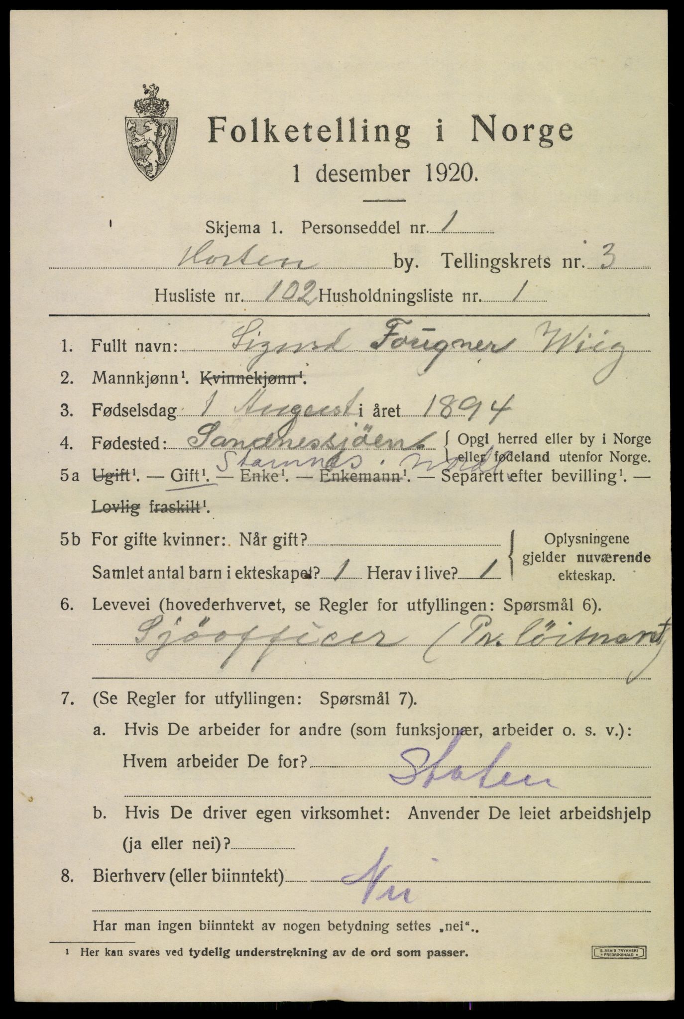 SAKO, 1920 census for Horten, 1920, p. 14885