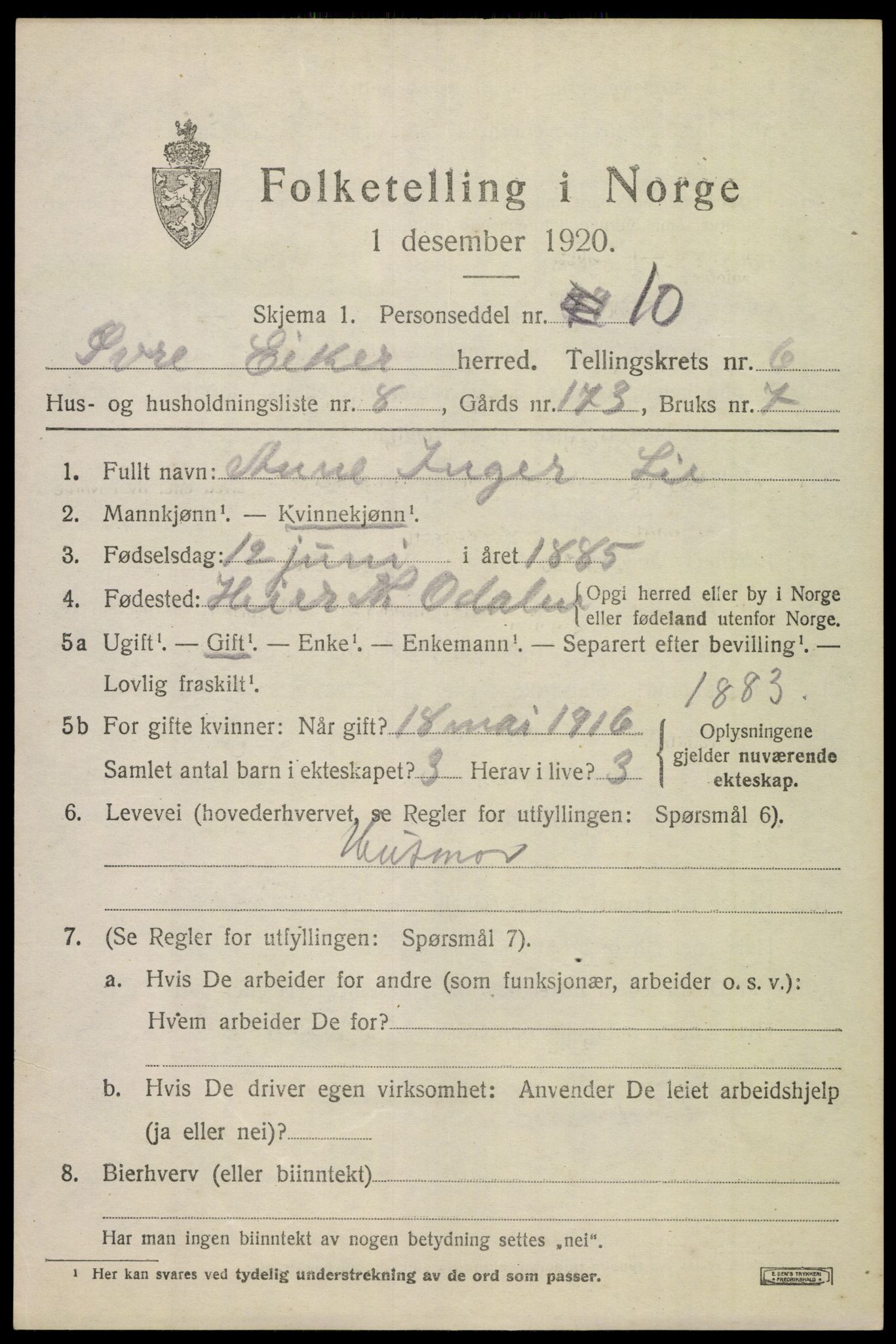 SAKO, 1920 census for Øvre Eiker, 1920, p. 12874