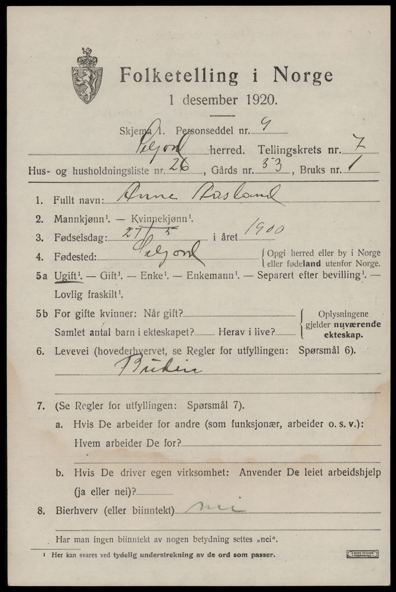 SAKO, 1920 census for Seljord, 1920, p. 3894