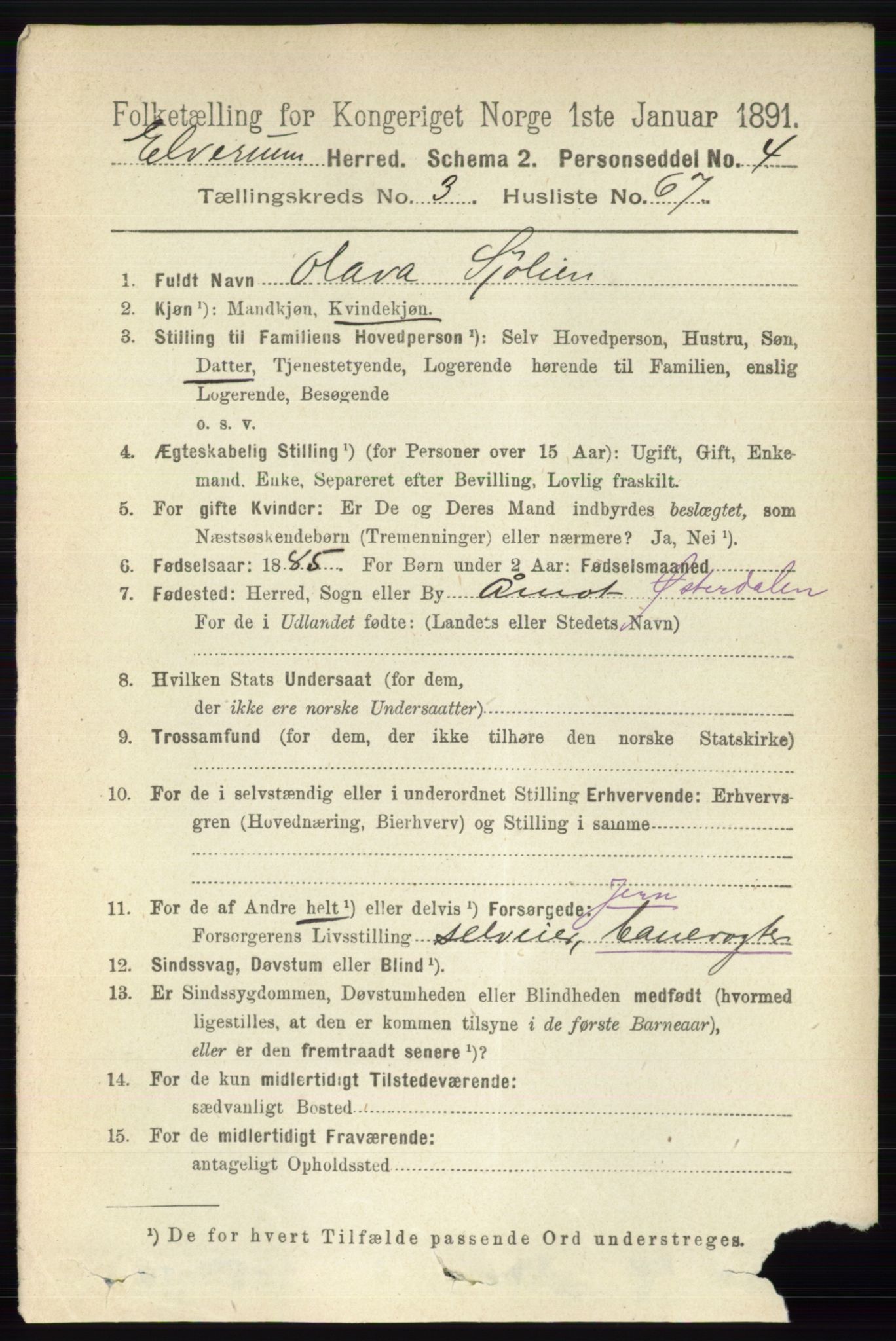 RA, 1891 census for 0427 Elverum, 1891, p. 2274