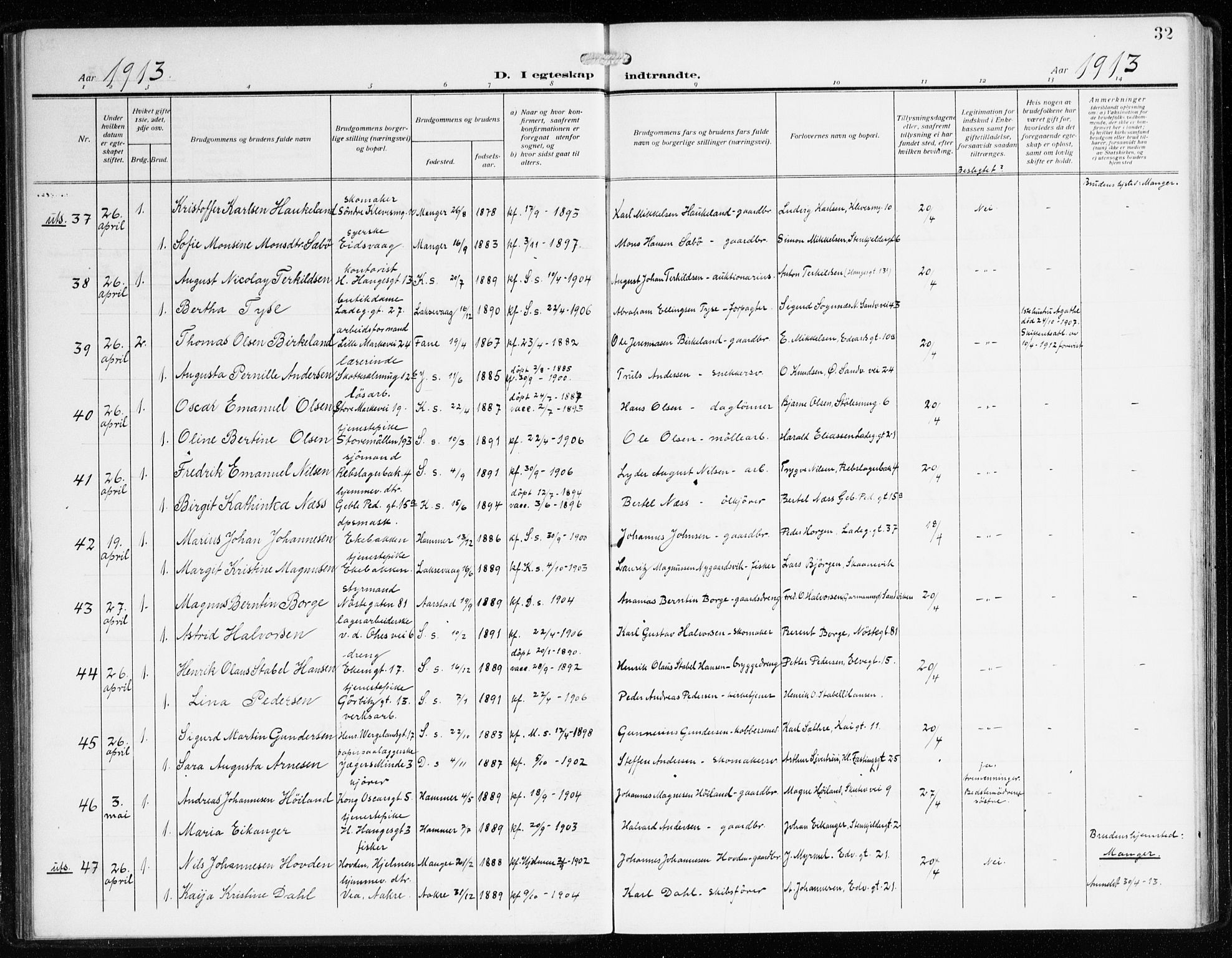 Sandviken Sokneprestembete, AV/SAB-A-77601/H/Ha/L0015: Parish register (official) no. D 2, 1911-1923, p. 32