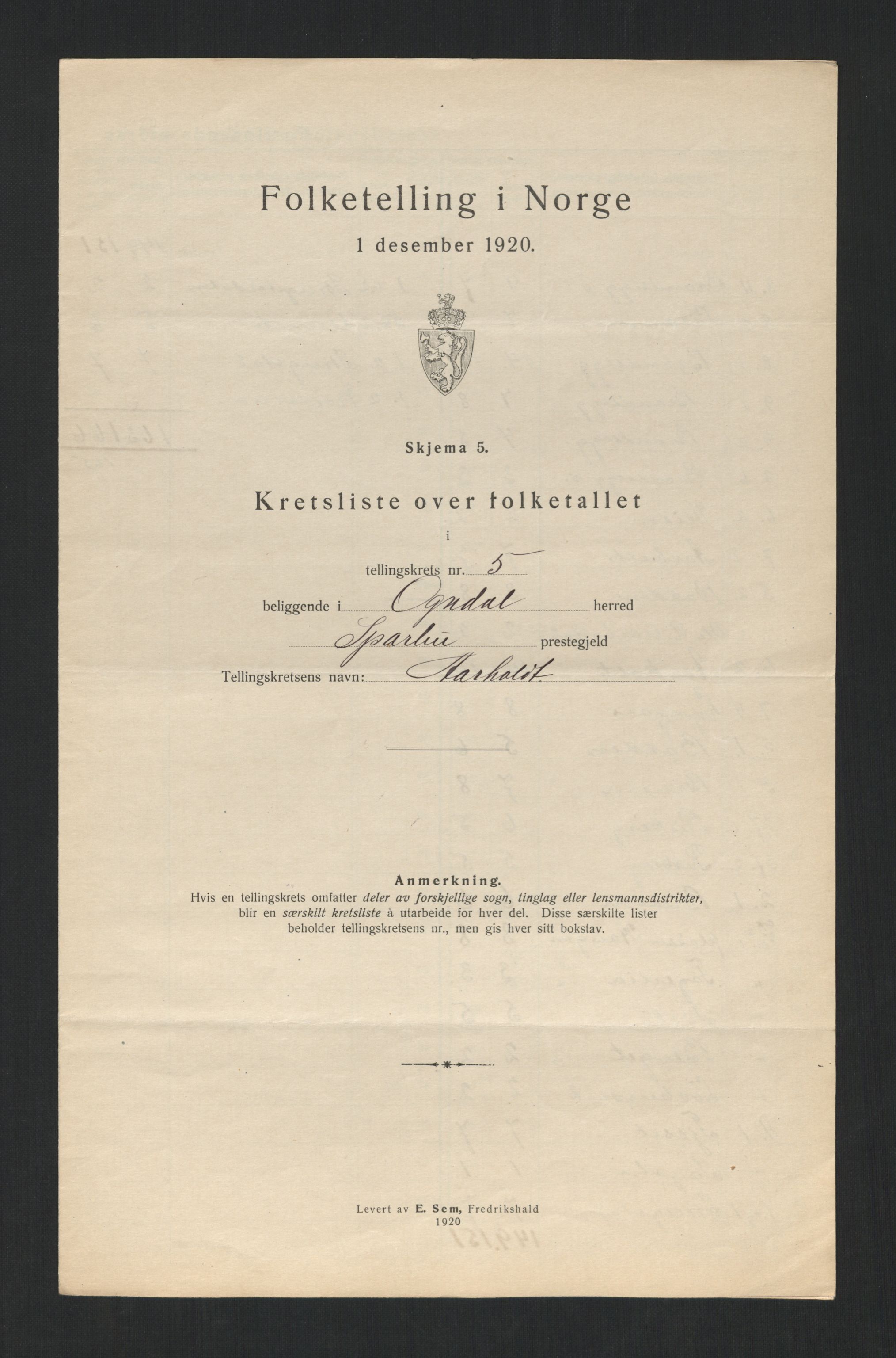 SAT, 1920 census for Ogndal, 1920, p. 20