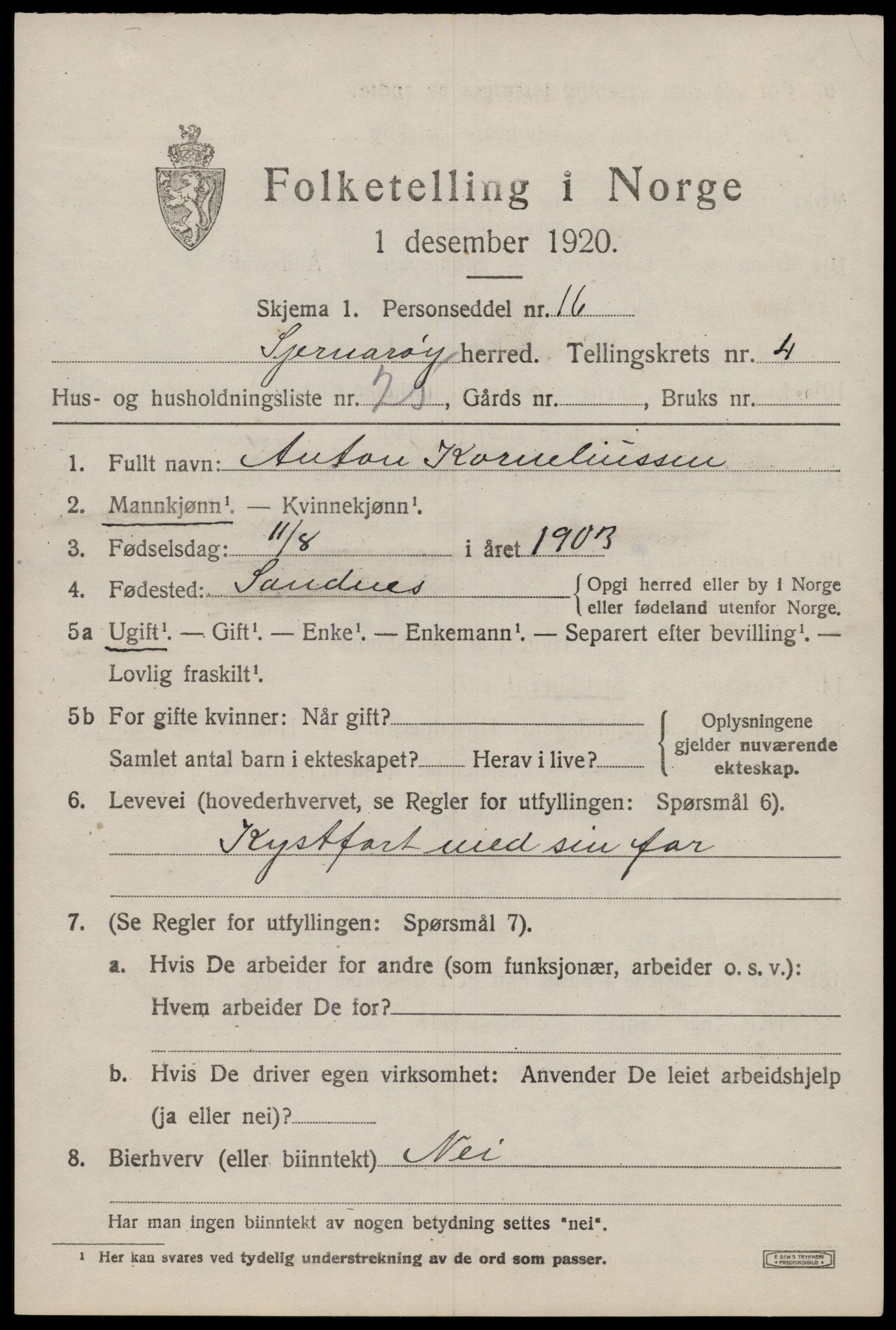 SAST, 1920 census for Sjernarøy, 1920, p. 1236