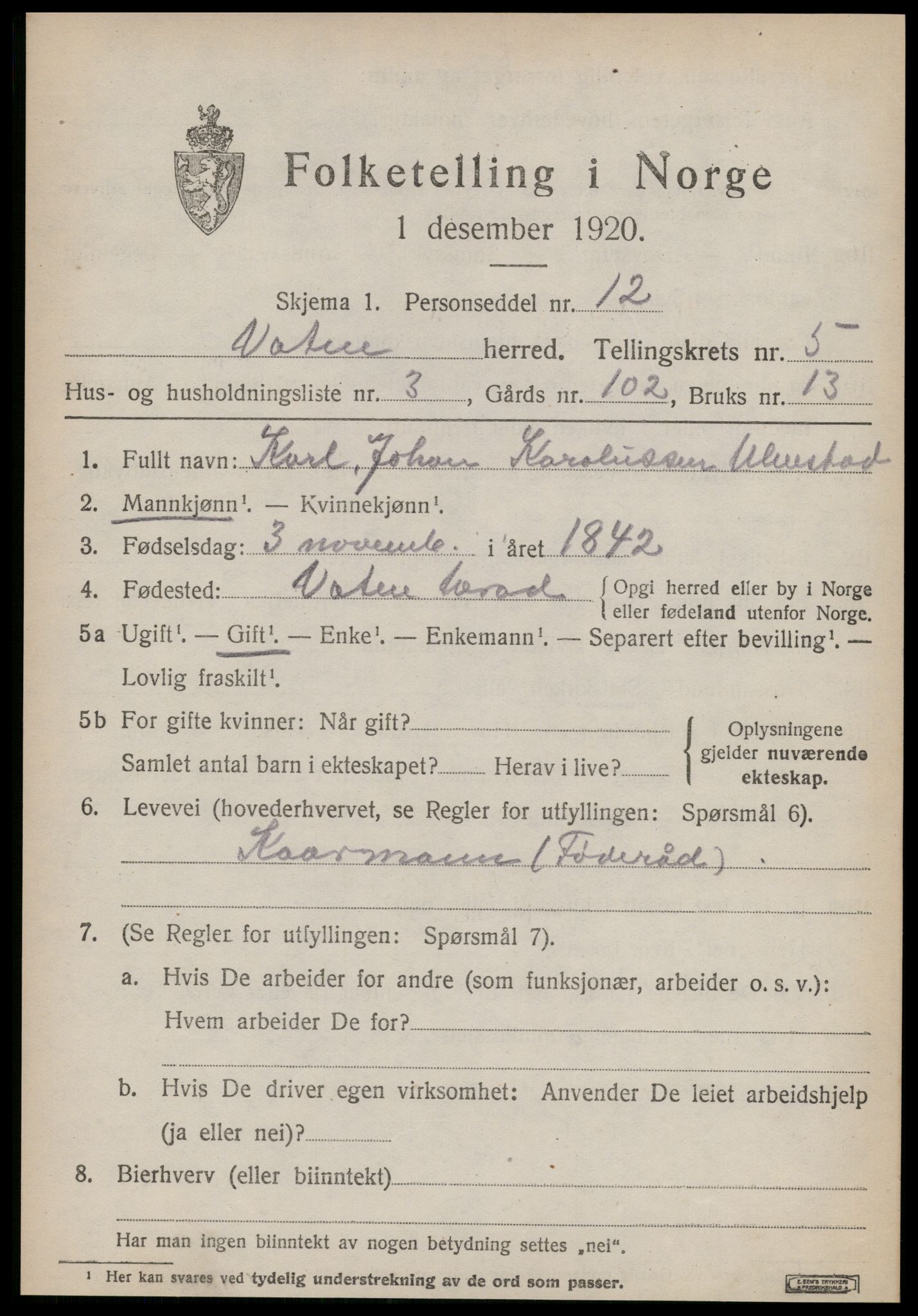 SAT, 1920 census for Vatne, 1920, p. 2188