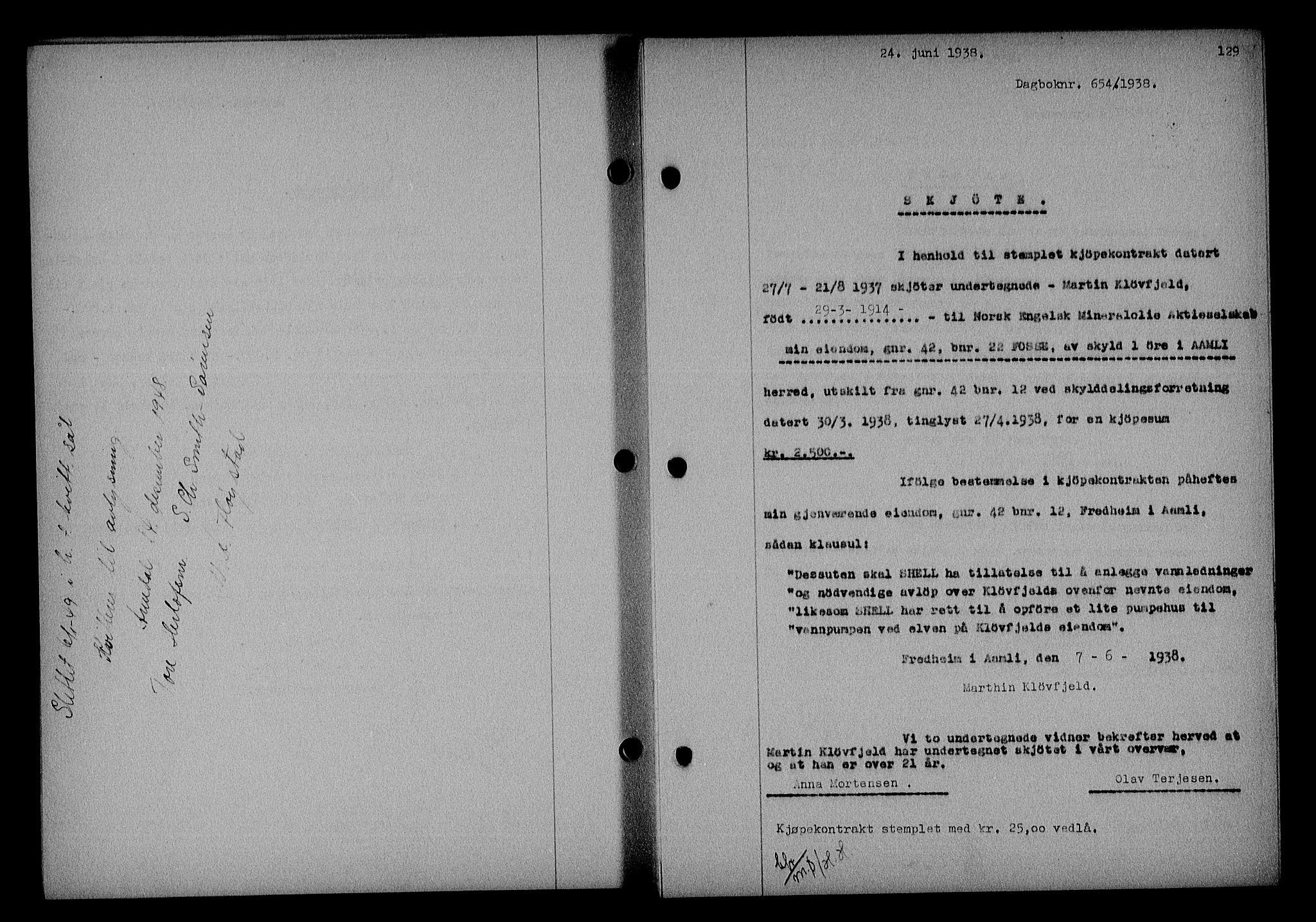Nedenes sorenskriveri, SAK/1221-0006/G/Gb/Gba/L0045: Mortgage book no. 41, 1938-1938, Diary no: : 654/1938