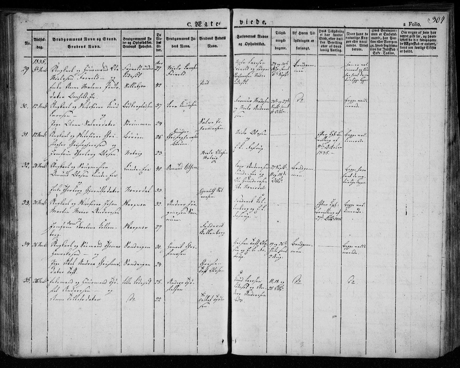 Øyestad sokneprestkontor, AV/SAK-1111-0049/F/Fa/L0013: Parish register (official) no. A 13, 1827-1842, p. 304