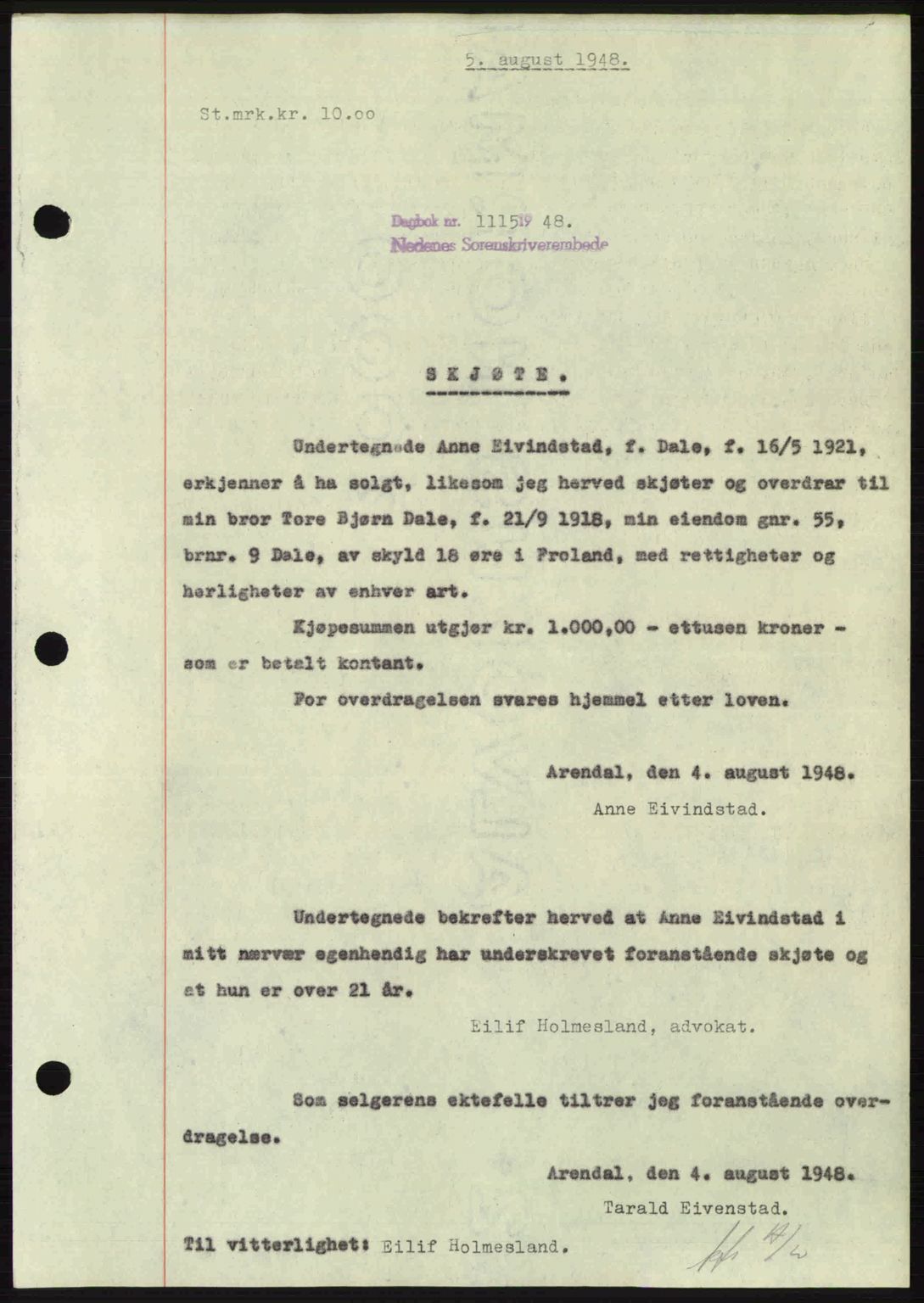 Nedenes sorenskriveri, SAK/1221-0006/G/Gb/Gba/L0059: Mortgage book no. A11, 1948-1948, Diary no: : 1115/1948