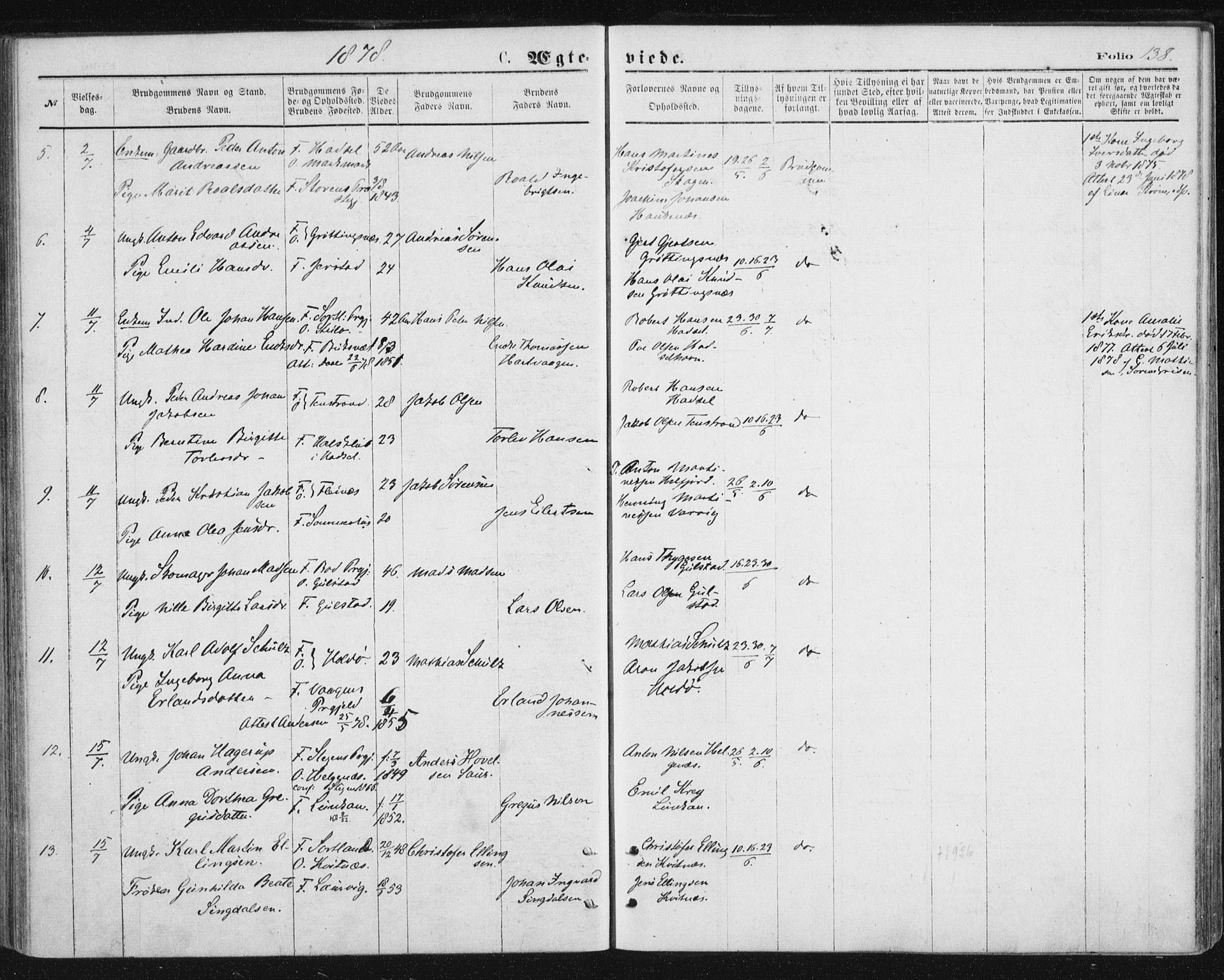 Ministerialprotokoller, klokkerbøker og fødselsregistre - Nordland, AV/SAT-A-1459/888/L1243: Parish register (official) no. 888A09, 1876-1879, p. 138