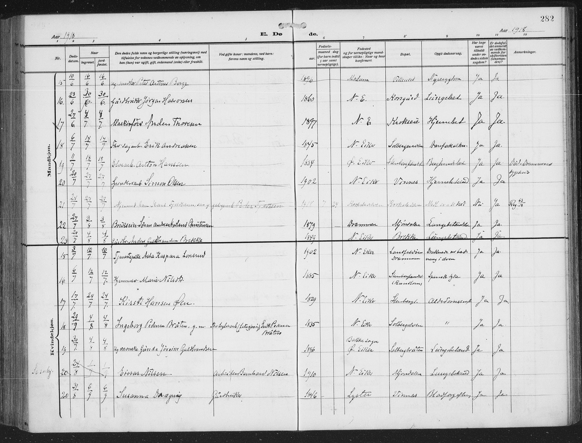 Nedre Eiker kirkebøker, AV/SAKO-A-612/F/Fa/L0007: Parish register (official) no. 7, 1912-1918, p. 282