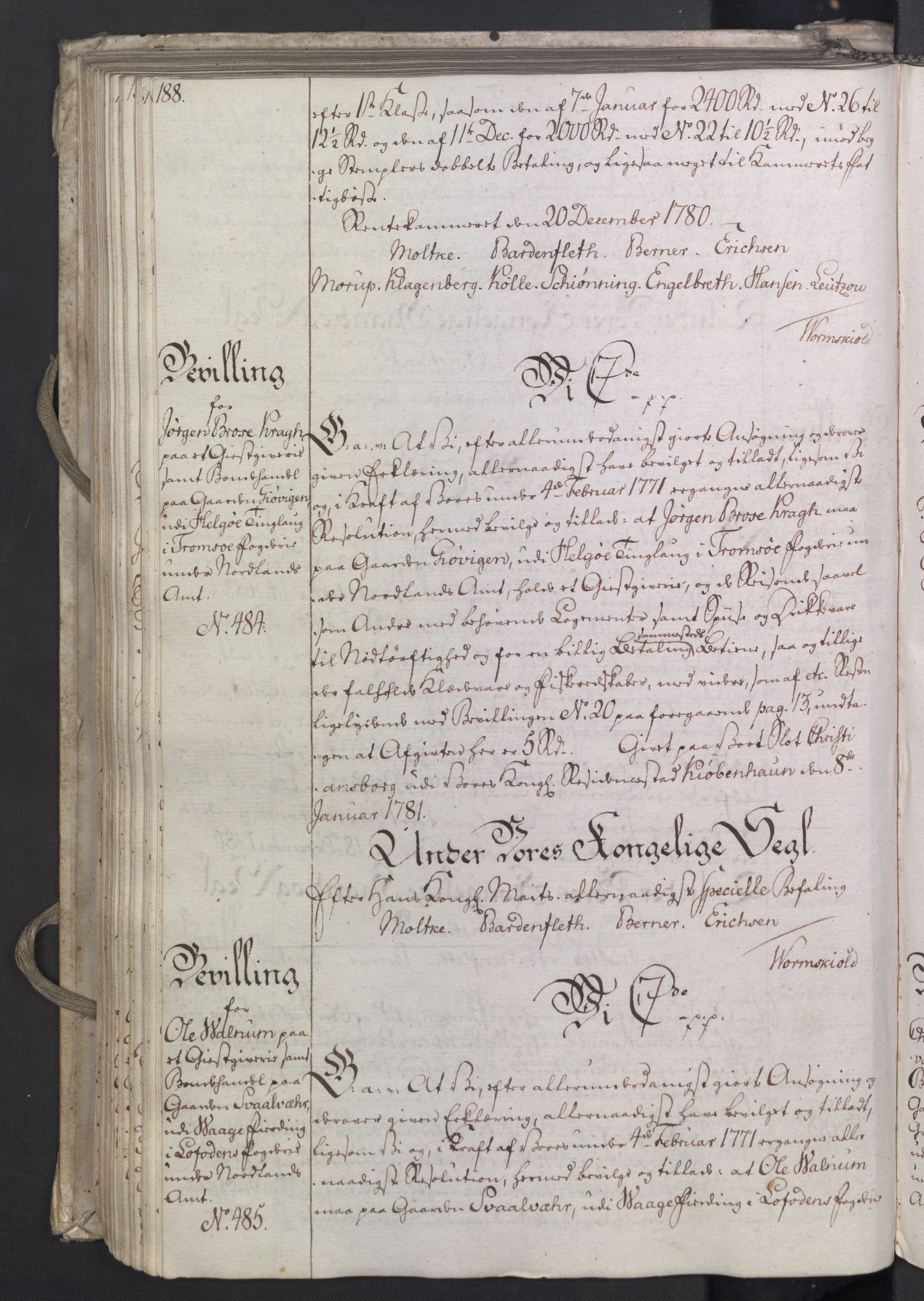 Rentekammeret, Kammerkanselliet, RA/EA-3111/G/Gg/Gga/L0011: Norsk ekspedisjonsprotokoll med register (merket RK 53.11), 1779-1781, p. 188