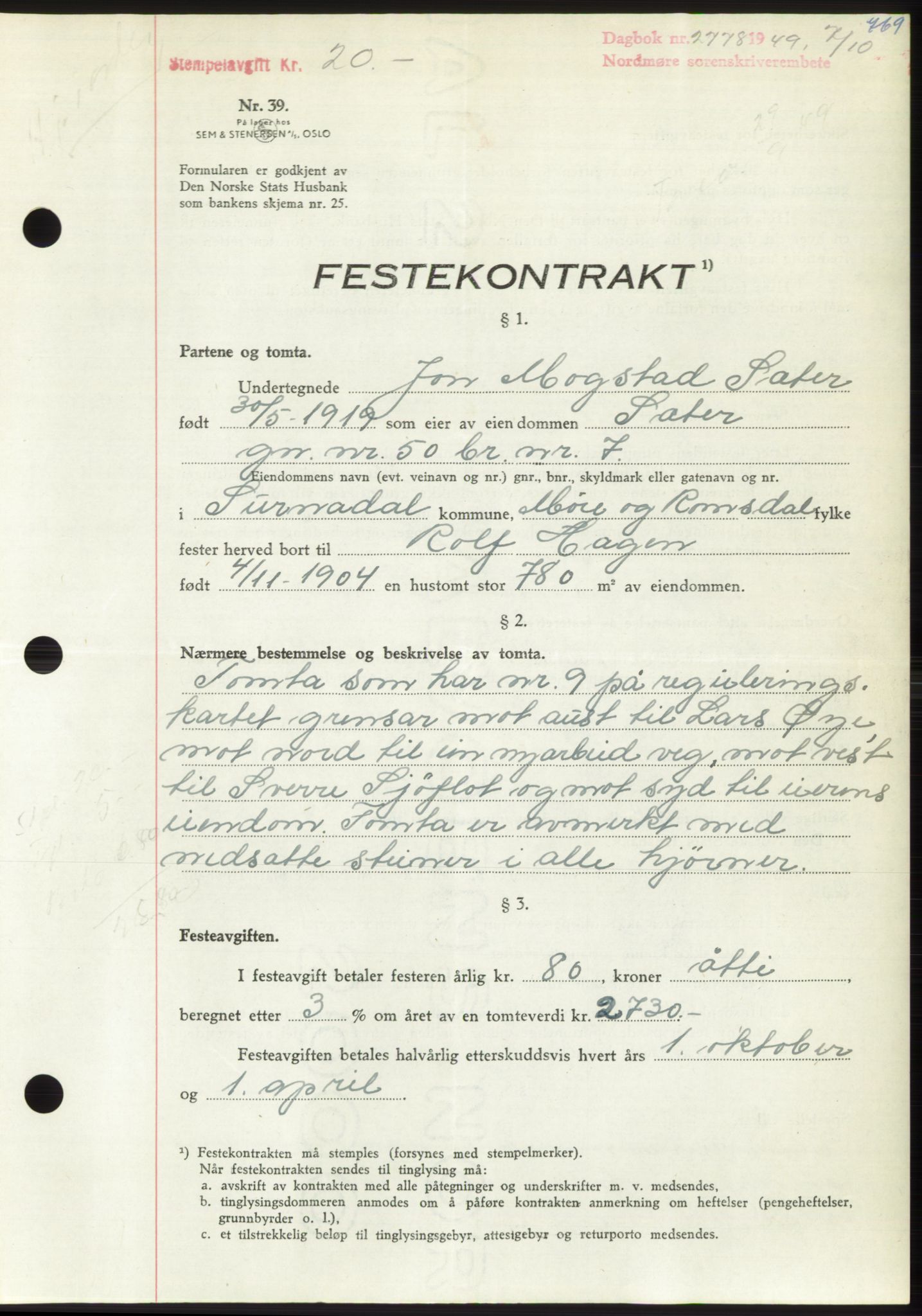 Nordmøre sorenskriveri, AV/SAT-A-4132/1/2/2Ca: Mortgage book no. B102, 1949-1949, Diary no: : 2778/1949