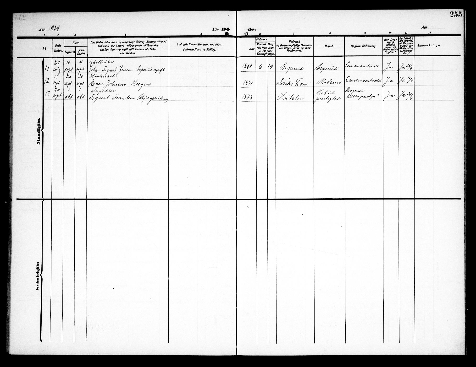 Kråkstad prestekontor Kirkebøker, AV/SAO-A-10125a/G/Ga/L0002: Parish register (copy) no. I 2, 1905-1934, p. 255