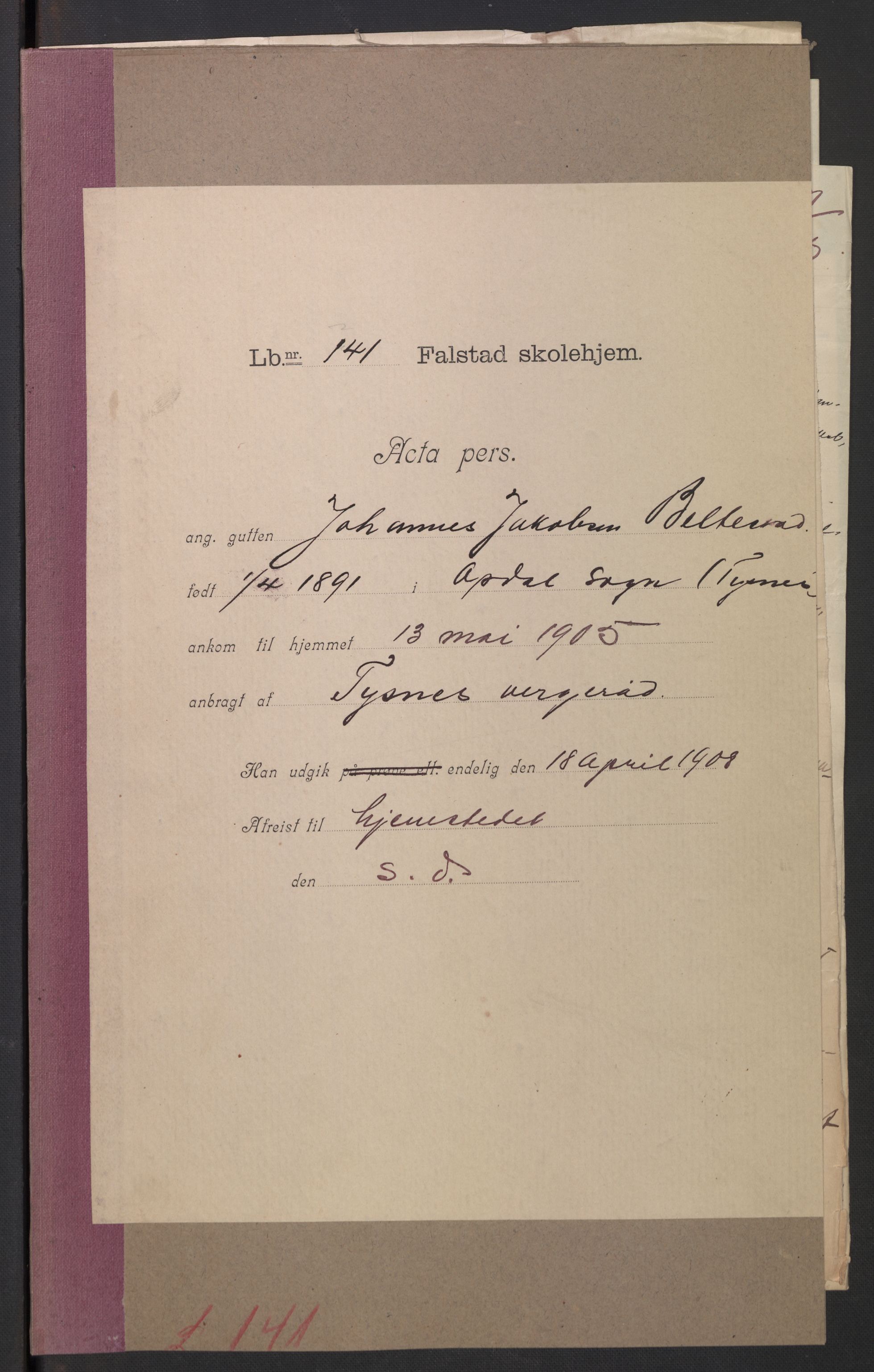 Falstad skolehjem, AV/RA-S-1676/E/Eb/L0006: Elevmapper løpenr. 121-145, 1903-1910, p. 322