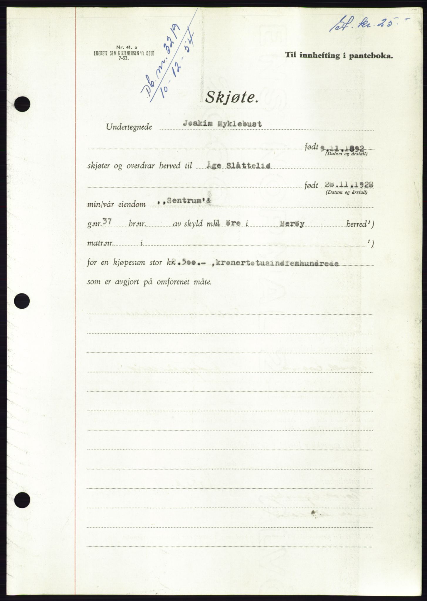 Søre Sunnmøre sorenskriveri, AV/SAT-A-4122/1/2/2C/L0099: Mortgage book no. 25A, 1954-1954, Diary no: : 3219/1954