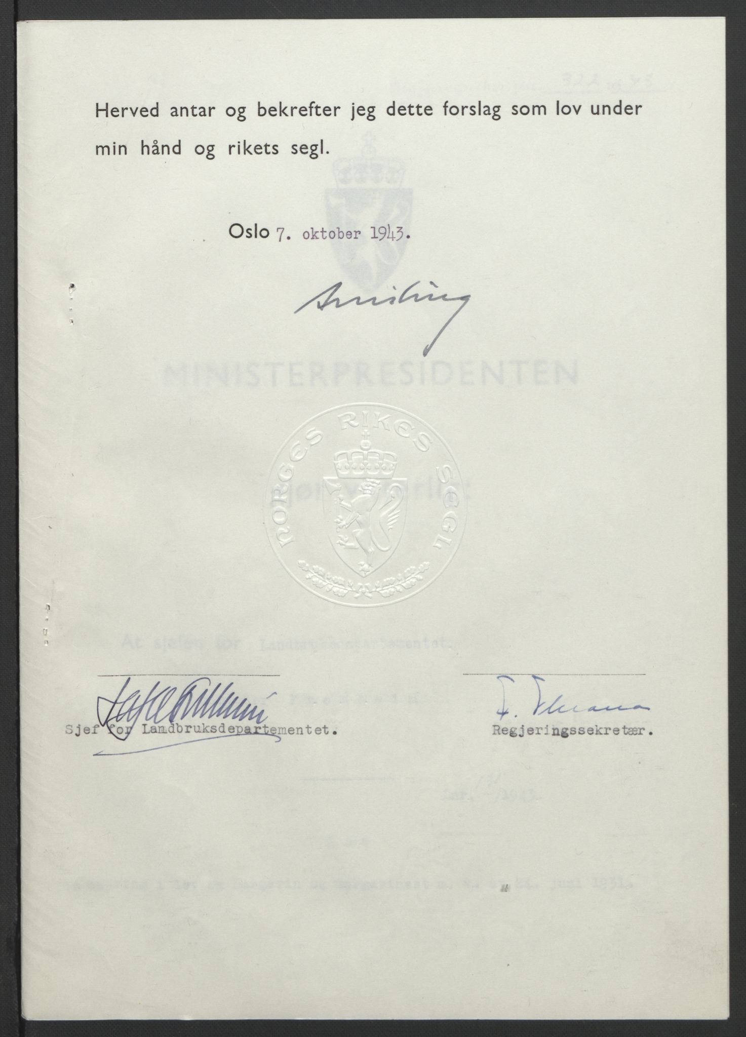NS-administrasjonen 1940-1945 (Statsrådsekretariatet, de kommisariske statsråder mm), RA/S-4279/D/Db/L0099: Lover, 1943, p. 615