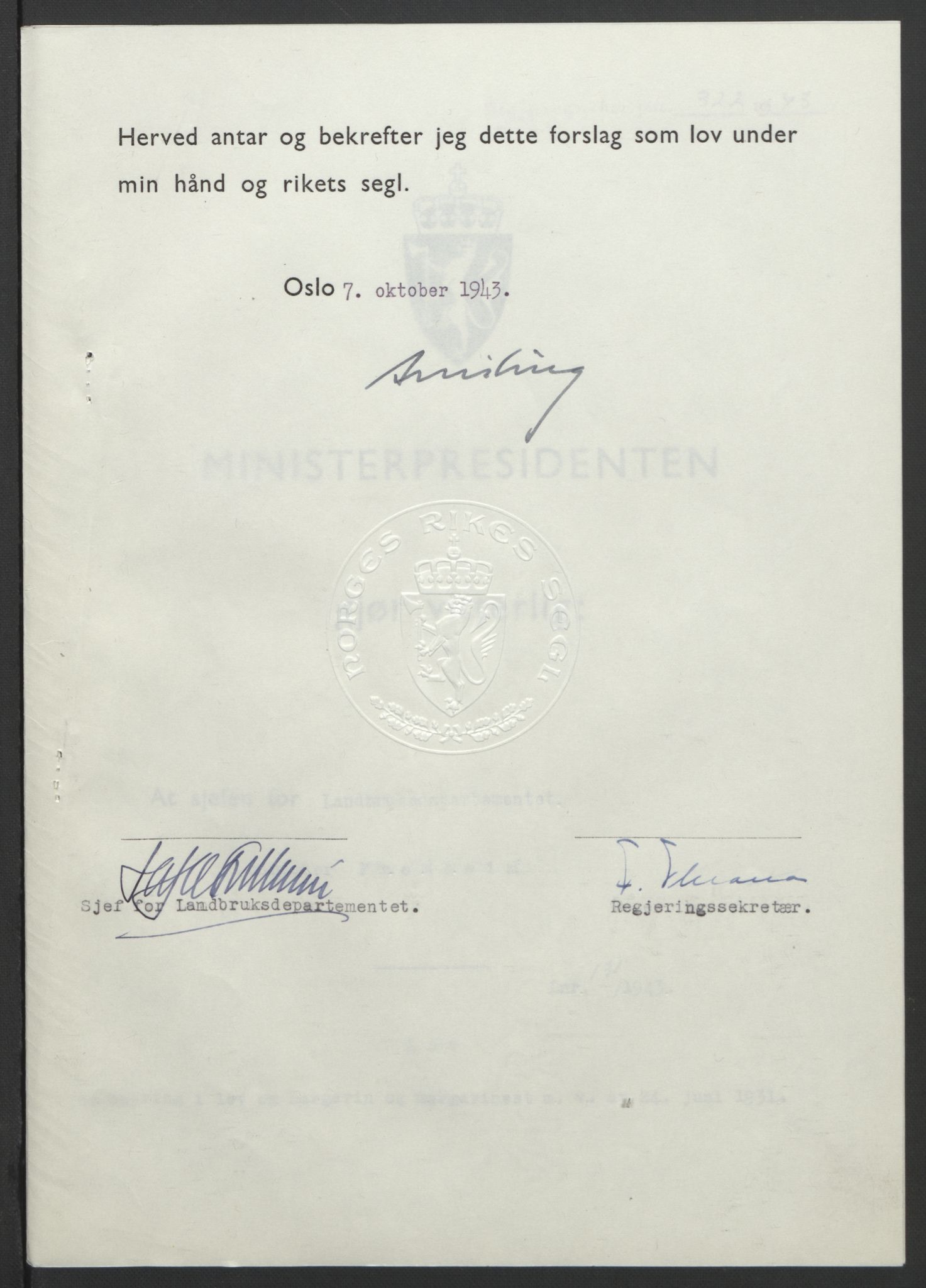 NS-administrasjonen 1940-1945 (Statsrådsekretariatet, de kommisariske statsråder mm), AV/RA-S-4279/D/Db/L0099: Lover, 1943, p. 615