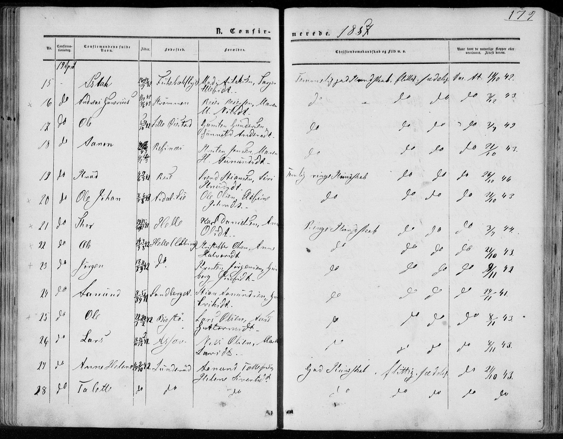 Øyestad sokneprestkontor, SAK/1111-0049/F/Fa/L0015: Parish register (official) no. A 15, 1857-1873, p. 179