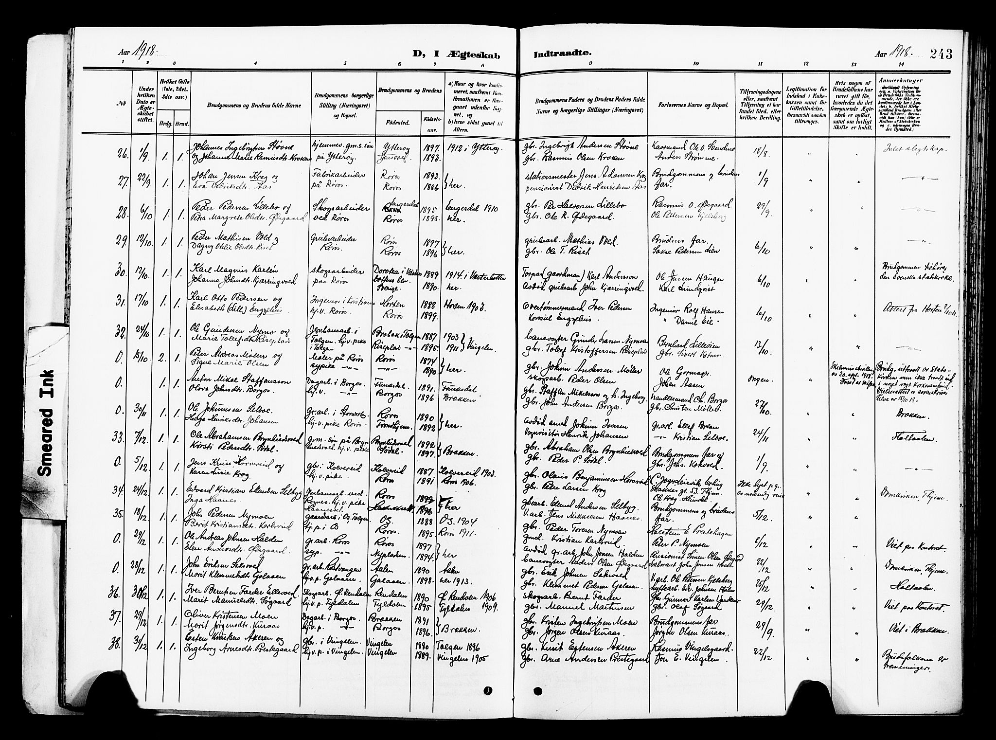 Ministerialprotokoller, klokkerbøker og fødselsregistre - Sør-Trøndelag, SAT/A-1456/681/L0942: Parish register (copy) no. 681C06, 1906-1925, p. 243