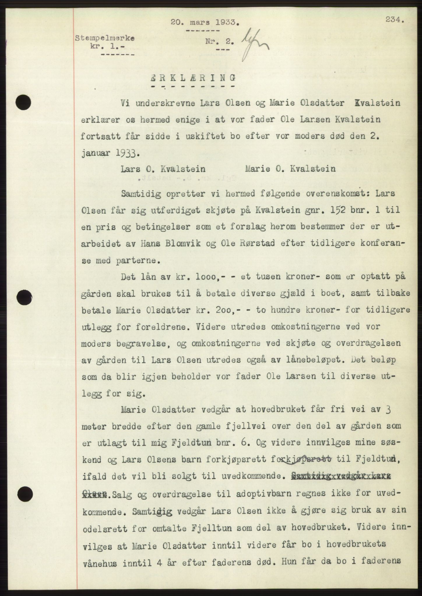 Nordre Sunnmøre sorenskriveri, AV/SAT-A-0006/1/2/2C/2Ca/L0052: Mortgage book no. 52, 1933-1933, Deed date: 20.03.1933