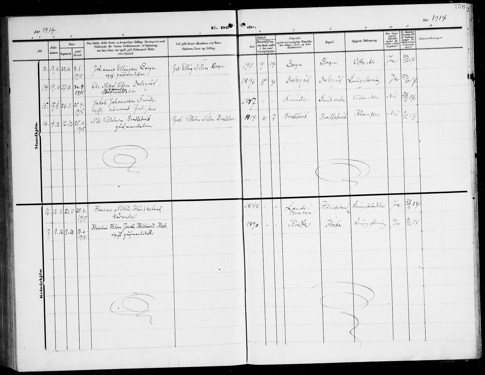 Tysnes sokneprestembete, AV/SAB-A-78601/H/Haa: Parish register (official) no. D 2, 1905-1922, p. 258