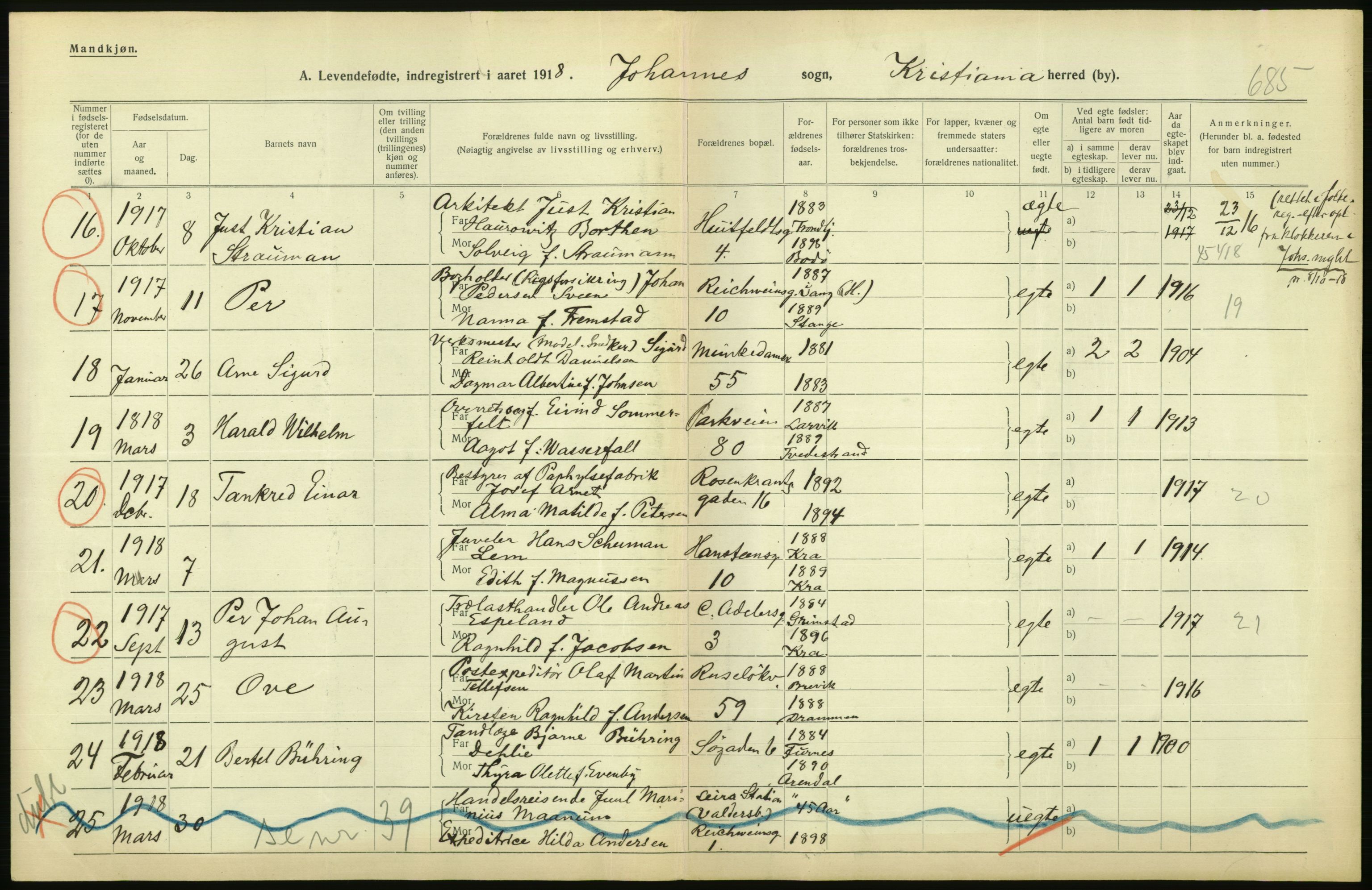 Statistisk sentralbyrå, Sosiodemografiske emner, Befolkning, AV/RA-S-2228/D/Df/Dfb/Dfbh/L0008: Kristiania: Levendefødte menn og kvinner., 1918, p. 572