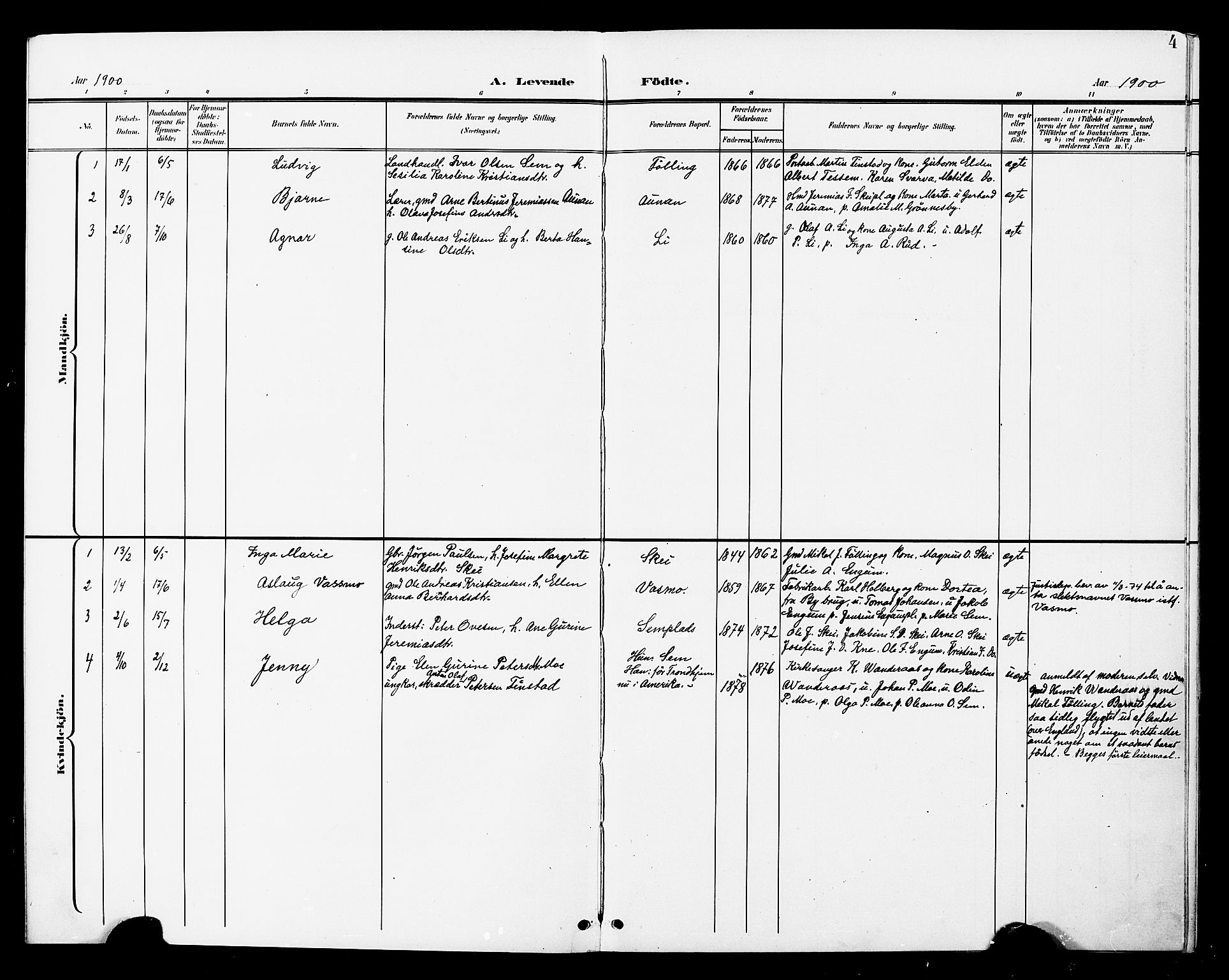 Ministerialprotokoller, klokkerbøker og fødselsregistre - Nord-Trøndelag, SAT/A-1458/748/L0464: Parish register (official) no. 748A01, 1900-1908, p. 4